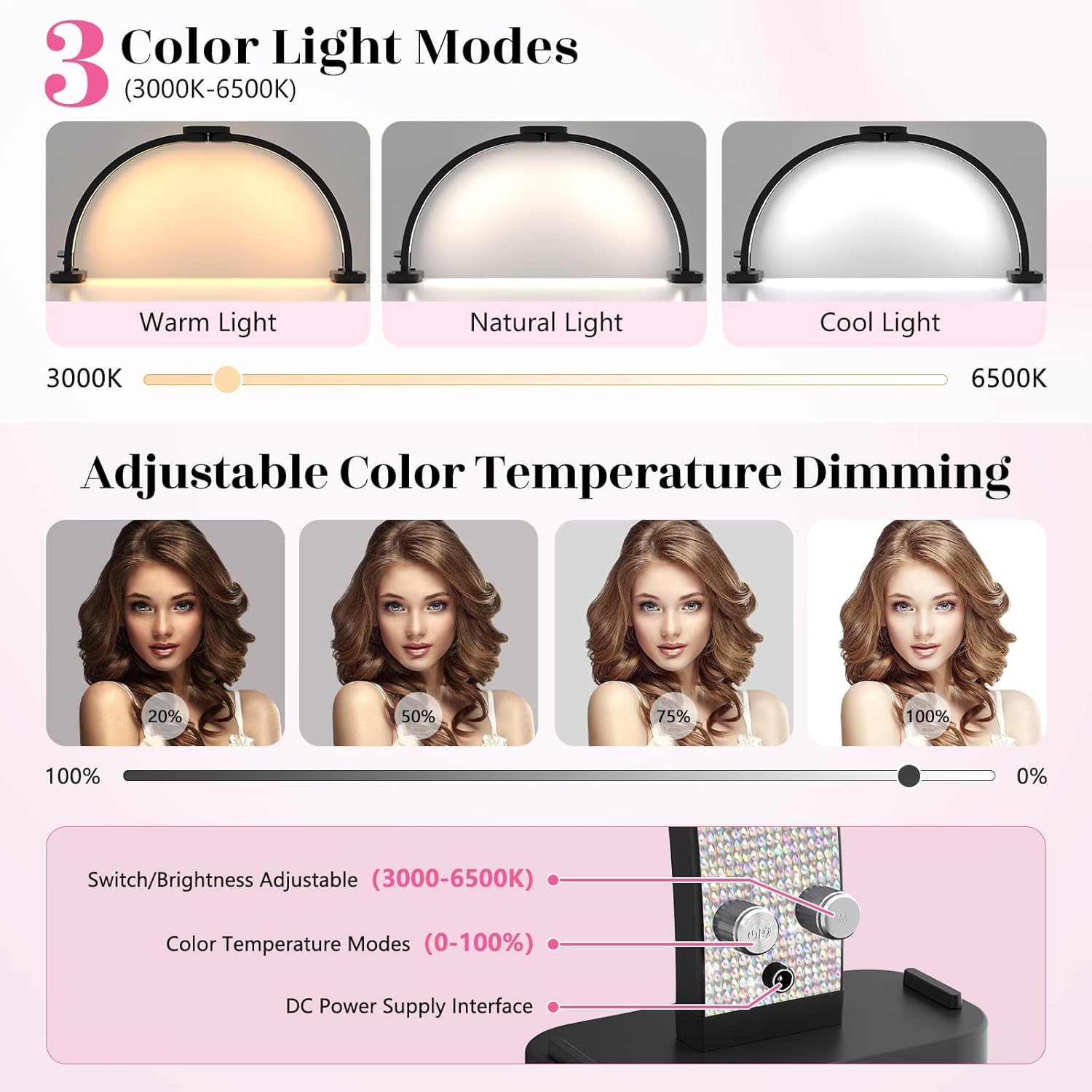 Detalle 2 de Half Moon Light for Nail Desk: 30" Arch Light with Phone Holder, 3 Colour Modes & 10 Brightness Levels