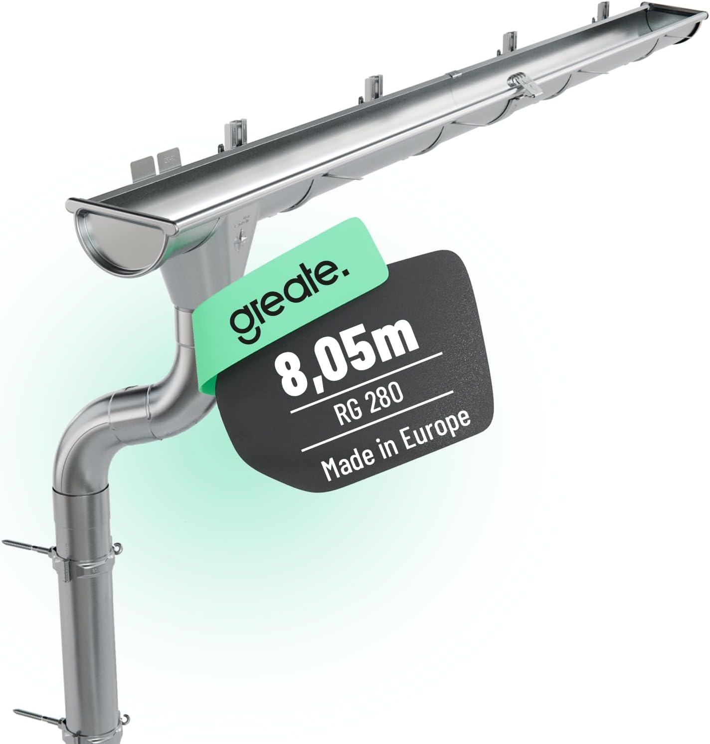Greate Dachrinnen-Set 8,05 m mit verzinktem Fallrohr – robustes Komplettsystem für Haus, Gartenhaus und Carport