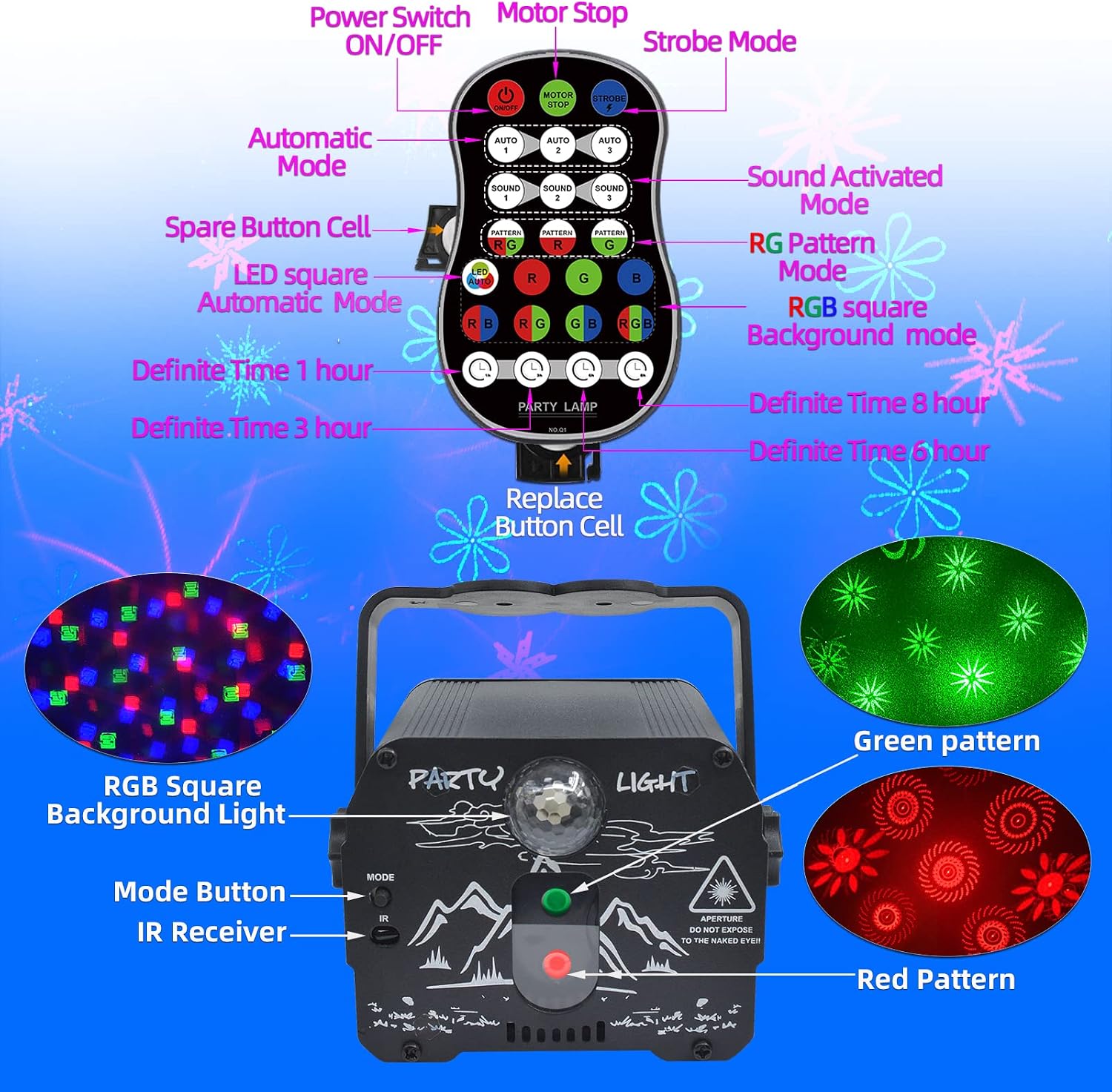 Detalle de Atotalof DQ-R90C Party Light with Remote, RGB Patterns and Sound Control