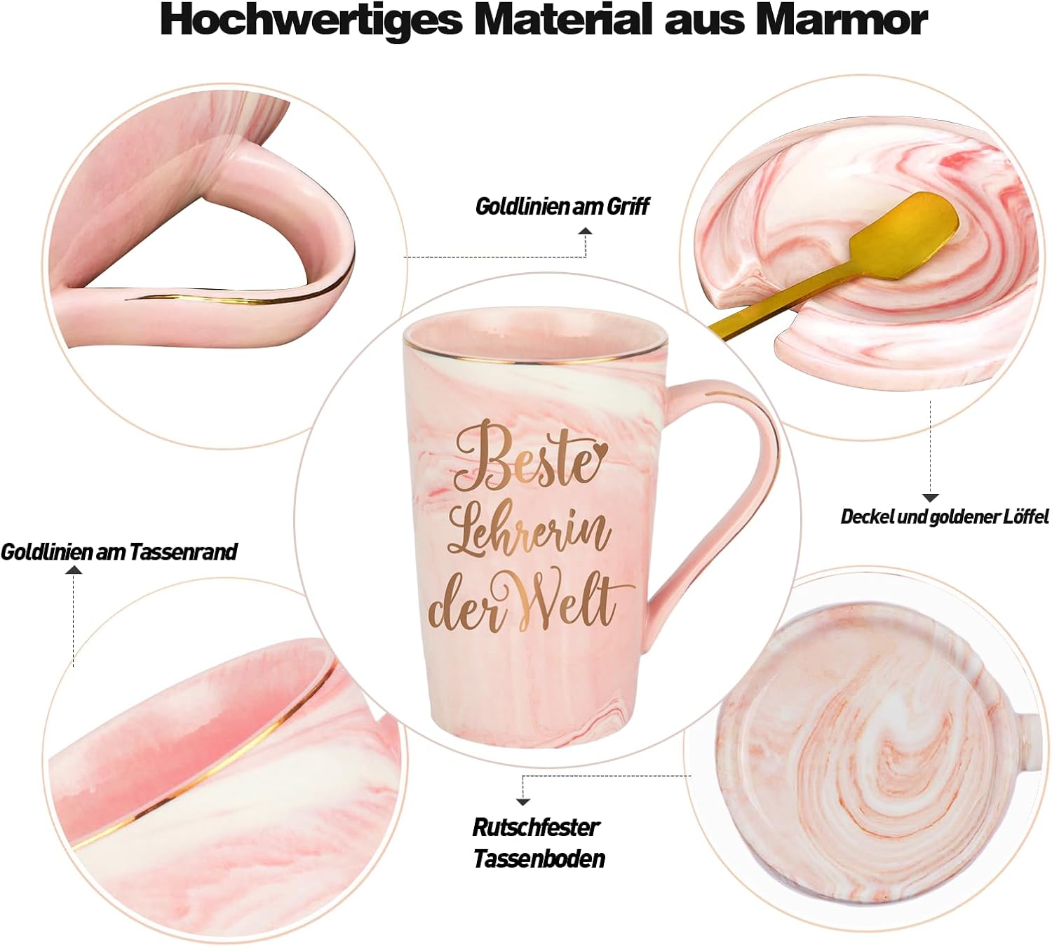 Detalle 2 de Diztoud Lehrerin Geschenk – Keramik-Kaffeetasse 400 ml in Rosa mit Deckel, Löffel und Geschenkbox