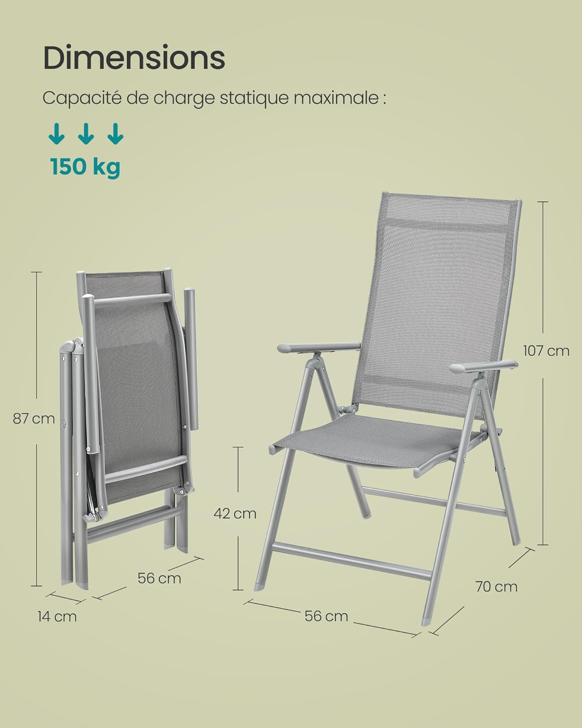 Detalle 2 de SONGMICS Chaise de jardin pliable à dossier réglable 8 positions (jusqu’à 150 kg) Gris GCB02GY