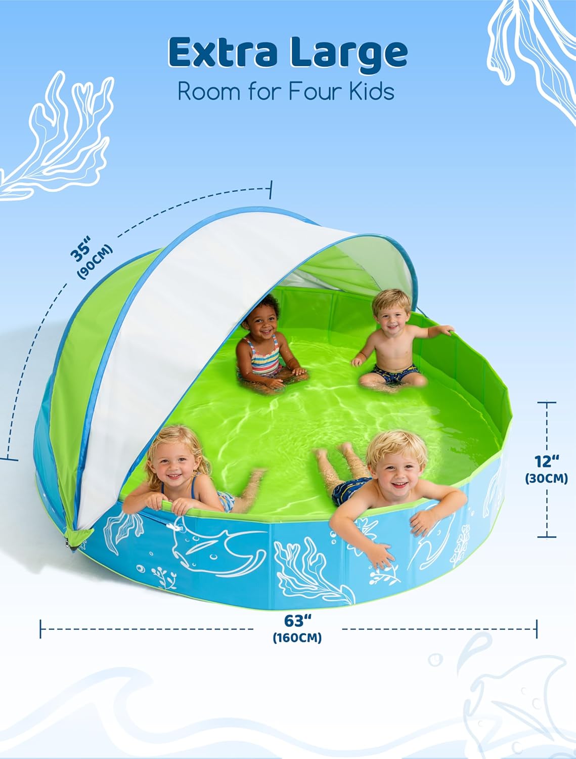 Thumbnail 1 de Hikiddy Foldable Kiddie Pool with Canopy (63in) – Extra Large Family Splash Pool for Outdoor Water Play