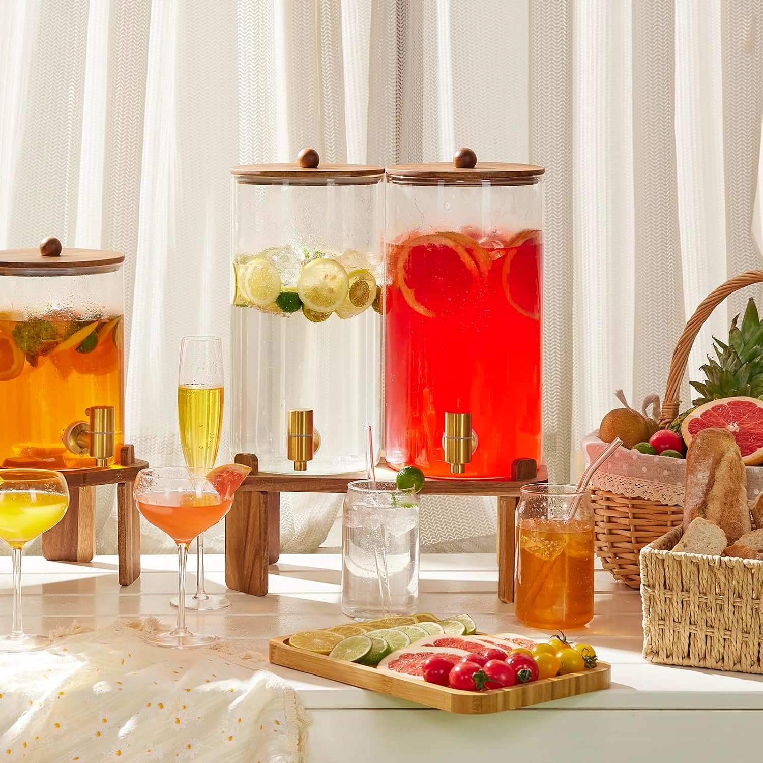 Thumbnail 2 de 2-Pack Glass Beverage Dispenser with Wood Stand — 1.5 Gallon Each