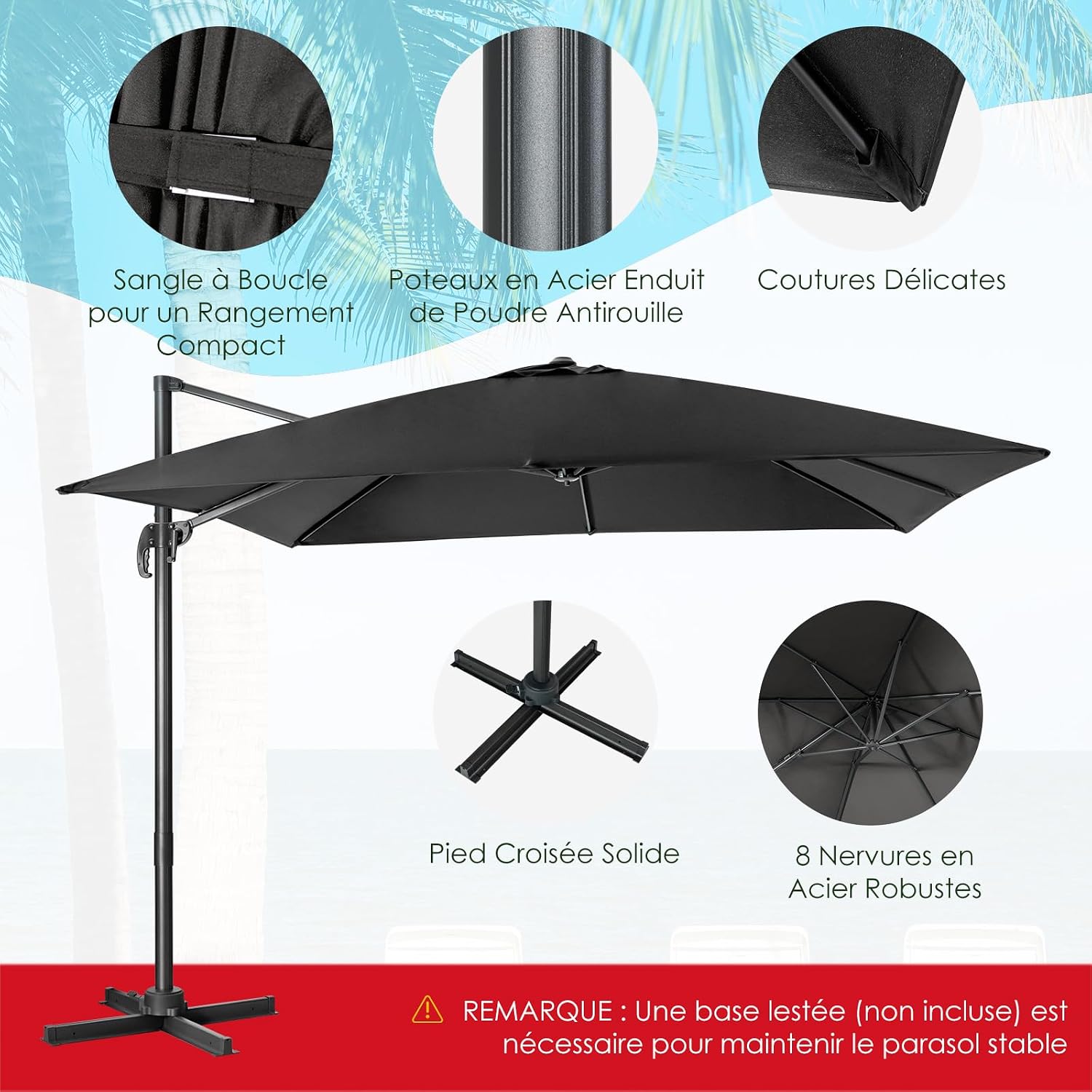 Thumbnail 6 de COSTWAY Parasol de Jardin Extérieur Déporté 3x3m – Inclinable, Rotation 360° et Toit Double Ventilation