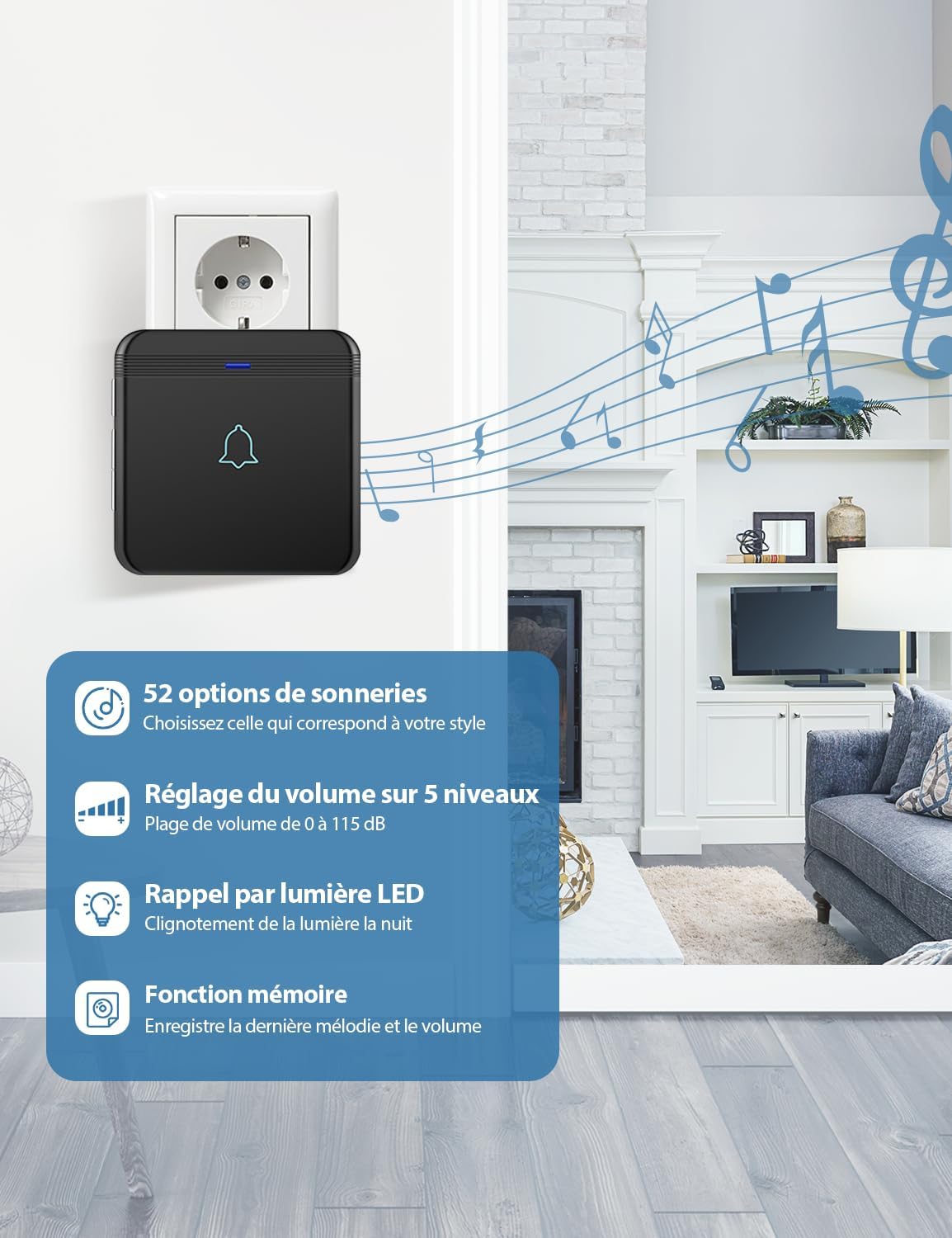 Detalle 2 de AVANTEK Sonnette sans Fil avec Bouton – Carillon étanche IP55, 400 m, 52 mélodies, 5 niveaux de volume