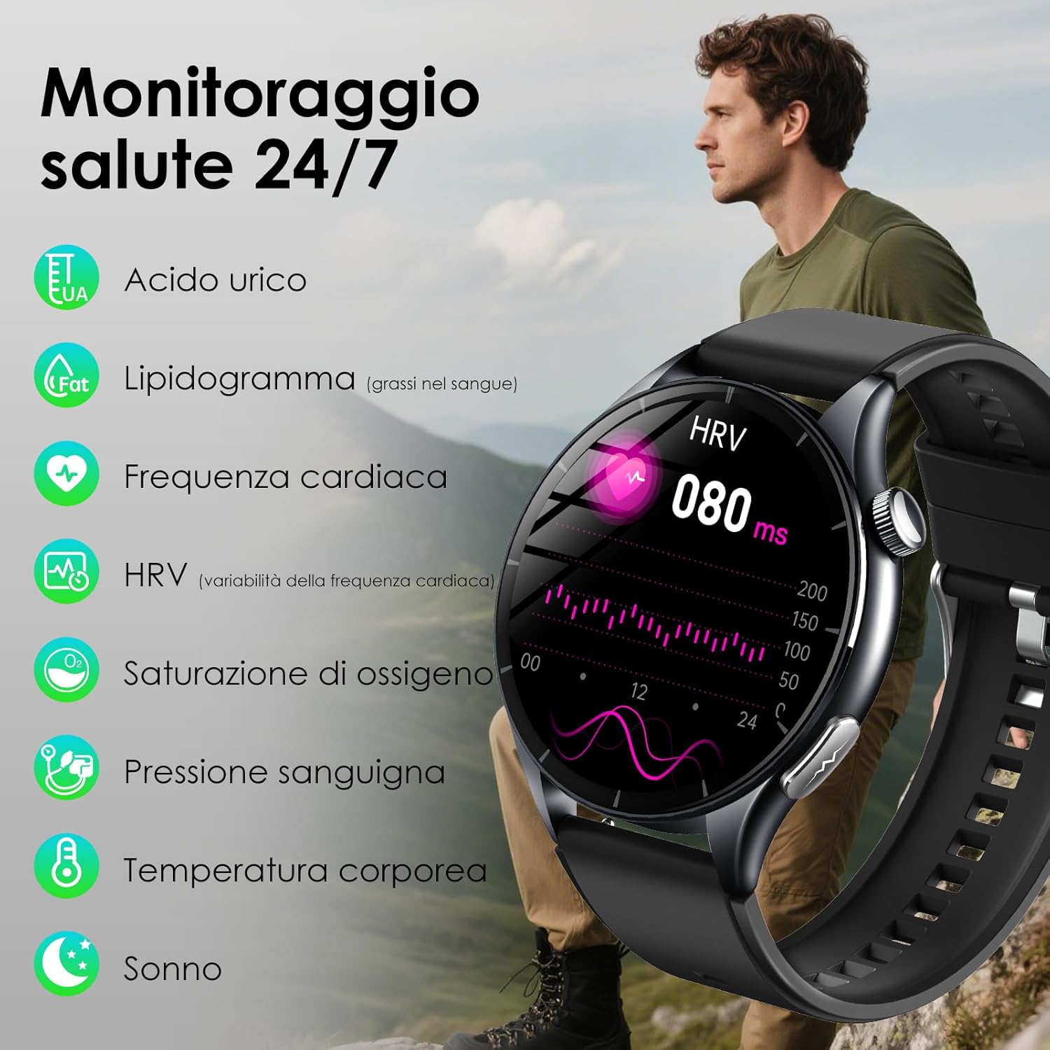 Detalle de Smartwatch uomo 2026 con ECG e monitoraggio avanzato: display AMOLED da 1,56" e funzioni SOS
