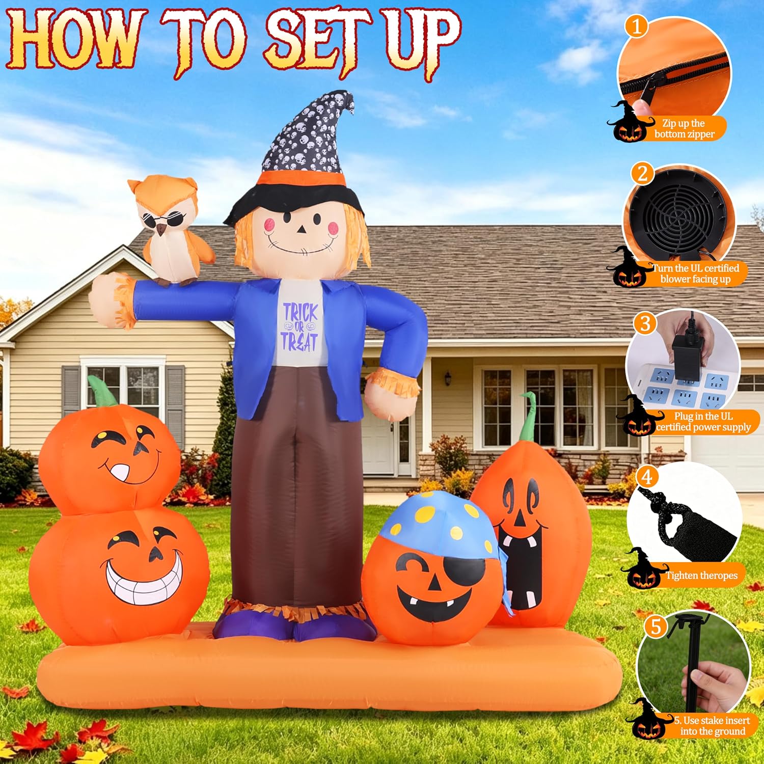Detalle 1 de GIFTFIND Halloween Inflatable Scarecrow with Pumpkins, Owl, and LED Lights