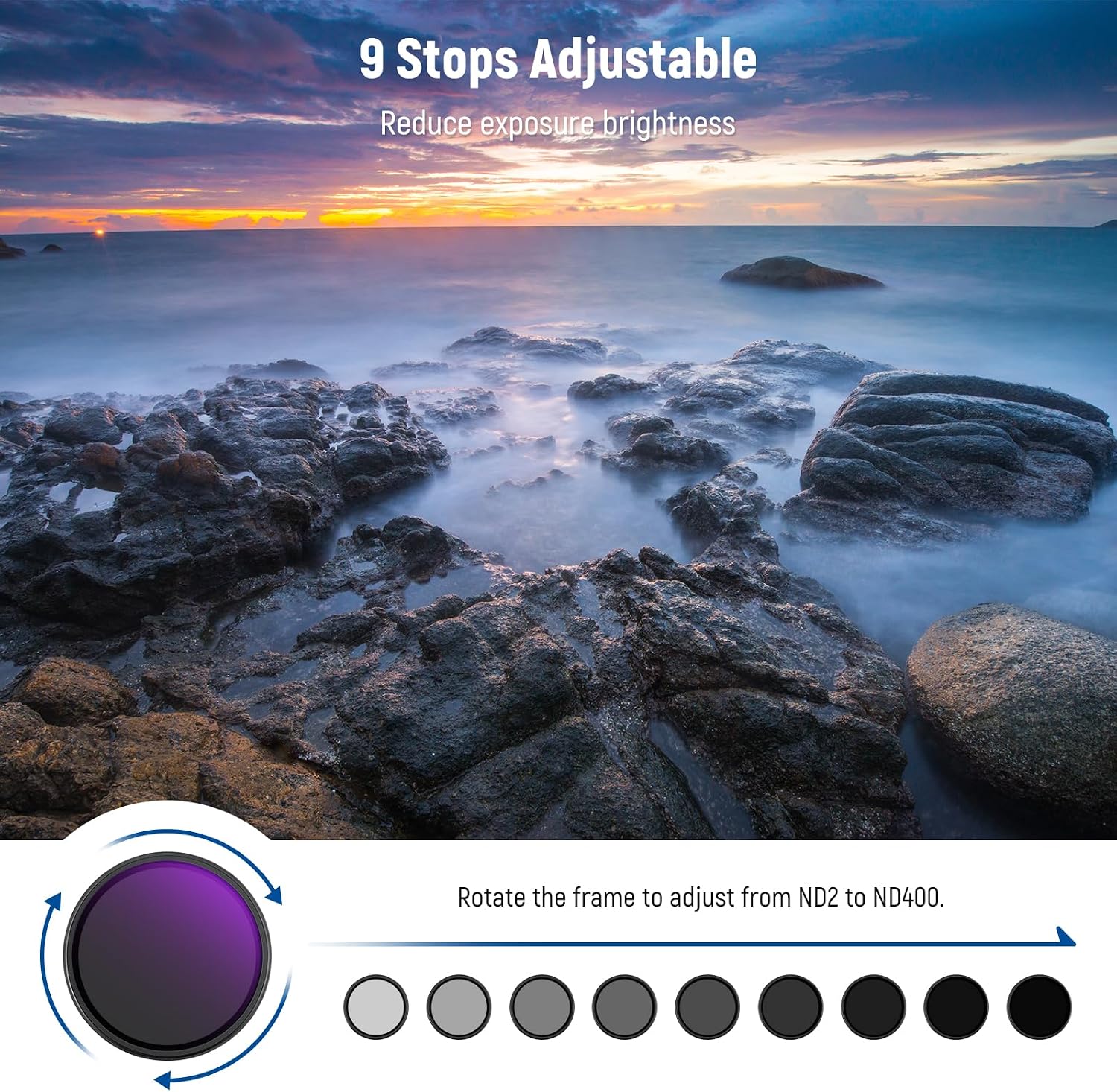 Thumbnail 1 de NEEWER 72mm Variabler ND Filter ND2-400 (1–9 Stop) mit Reinigungssets – Flexible Belichtungssteuerung für 72mm Objektive