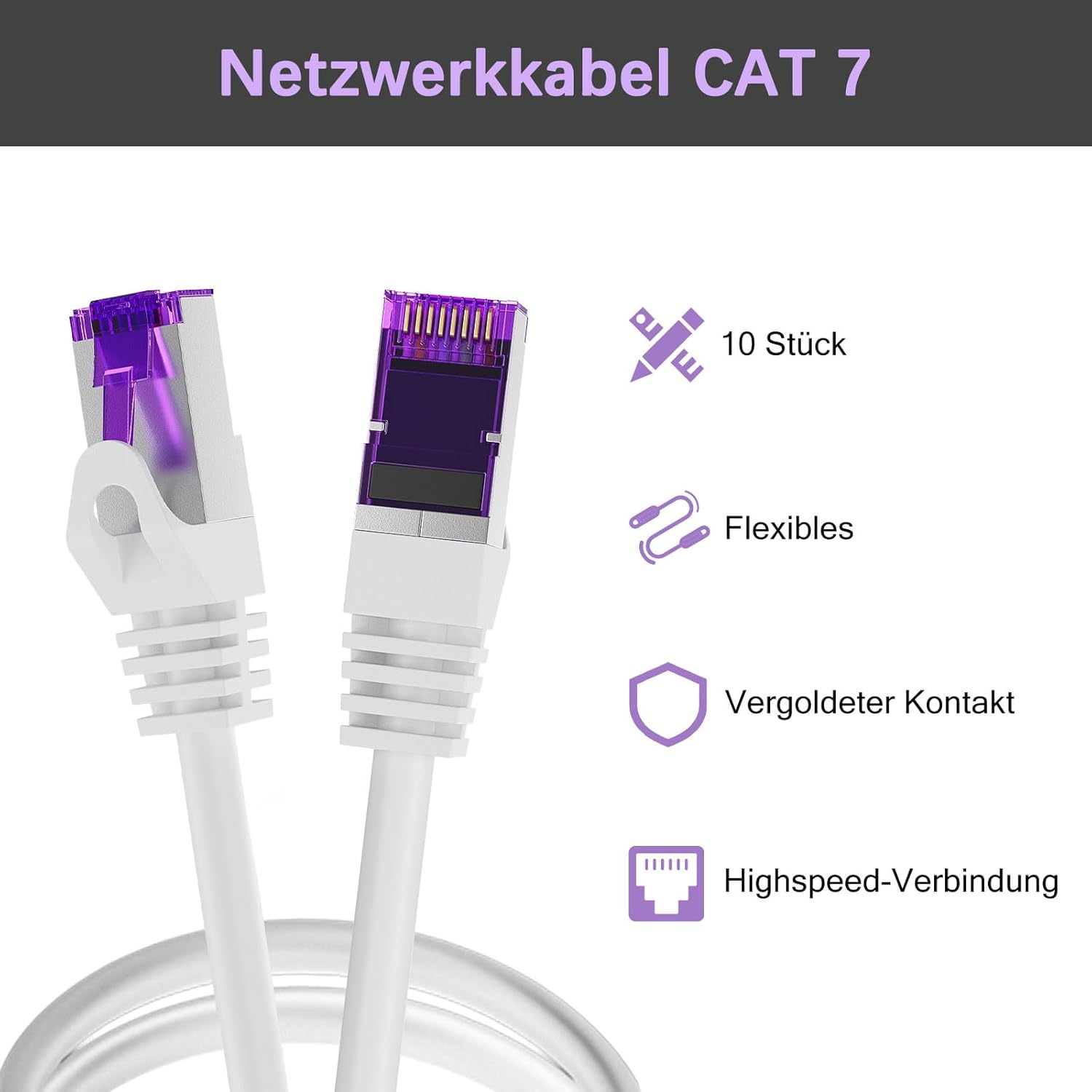 Thumbnail 1 de FGB CAT7 Patchkabel 10 Gbit/s, 0,25 m (x10), RJ45 S/FTP PIMF, SFTP Schirmung – weiß