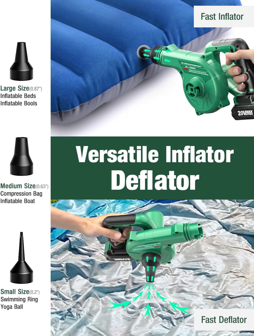 Detalle 2 de K I M O Cordless Leaf Blower Vacuum Combo 4-in-1 (20000RPM, 150MPH) with 3 Nozzles & 2x2000mAh Batteries