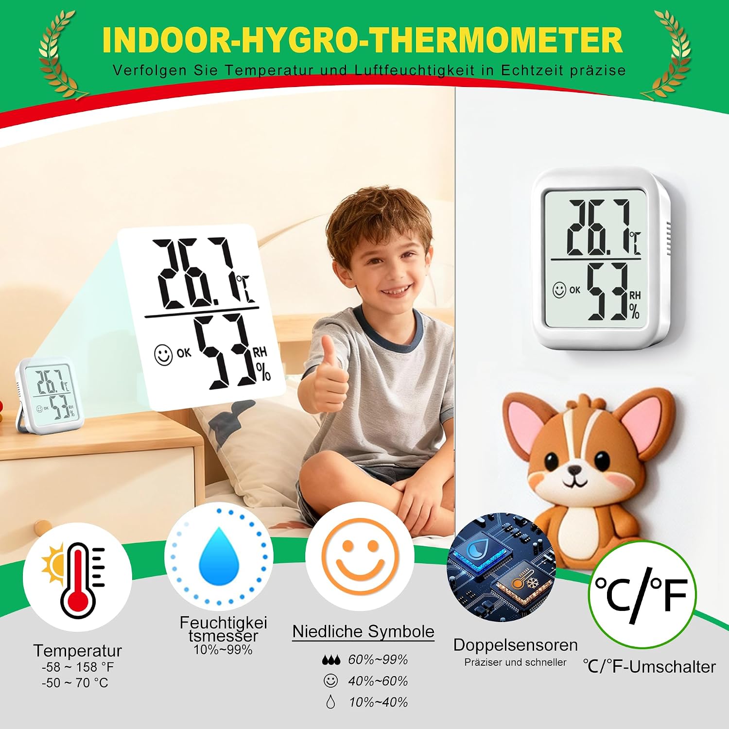 Thumbnail 1 de Antonki 2er-Set Thermometer Hygrometer Innenraum – Präzise Temperatur- und Luftfeuchtigkeitsmessung für Haus, Gewächshaus und mehr