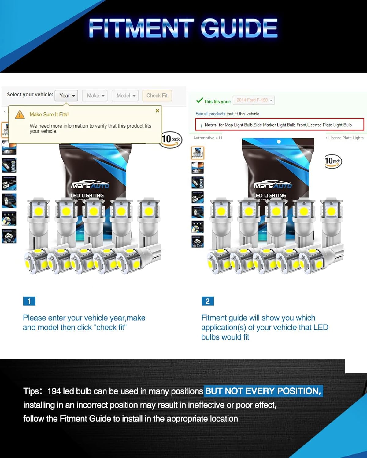 Thumbnail 5 de Marsauto 194 LED Bulbs (Pack of 10) 6000K White – 5SMD, 12V T10 194/2825 W5W Replacement Lights