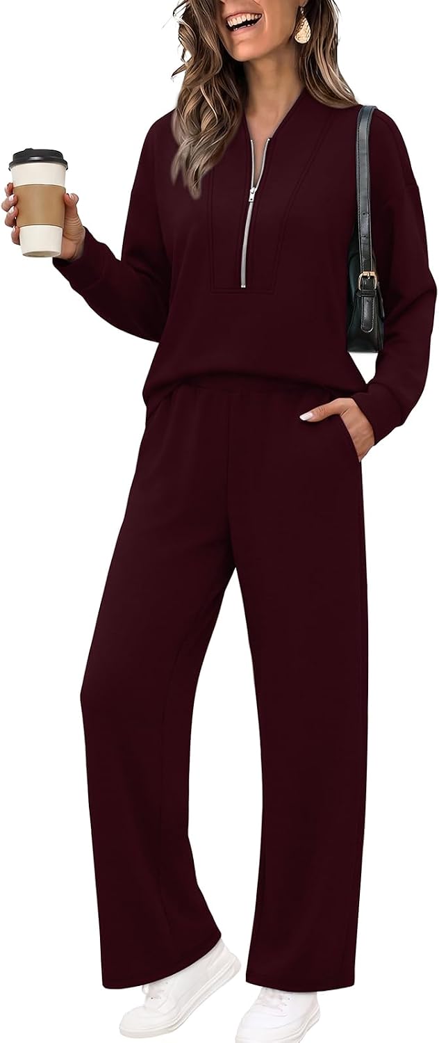 Detalle de WIHOLL Women's Two-Piece Tracksuit Set with Half-Zip Top and Wide-Leg Pants