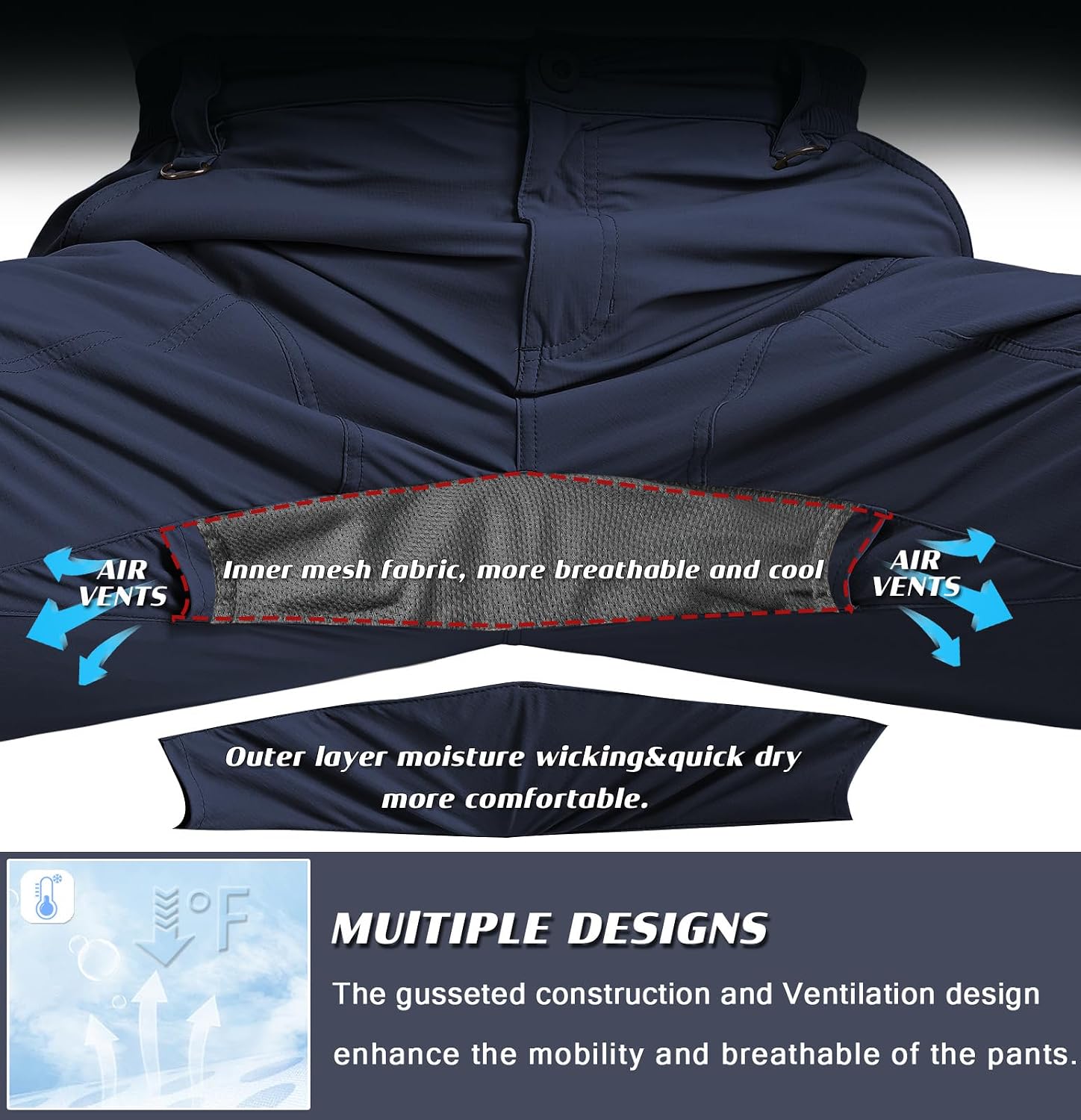 Detalle 2 de SPOSULEI Lightweight Cargo Hiking Pants, Quick-Dry Nylon, 6 Pockets