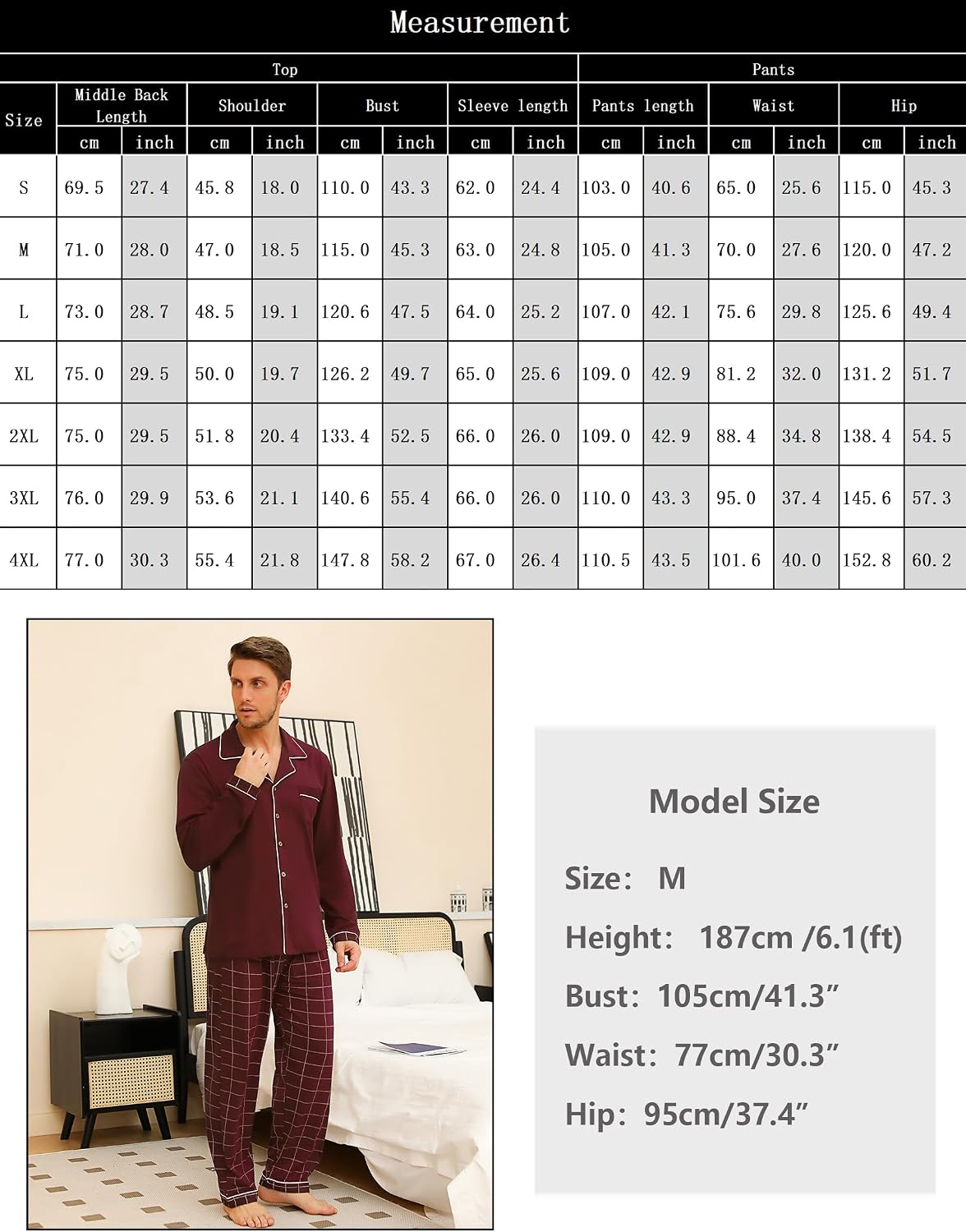 Detalle 2 de Bresdk Pyjama Homme en Coton – Ensemble 2 pièces, hiver, carreaux/uni, manches longues