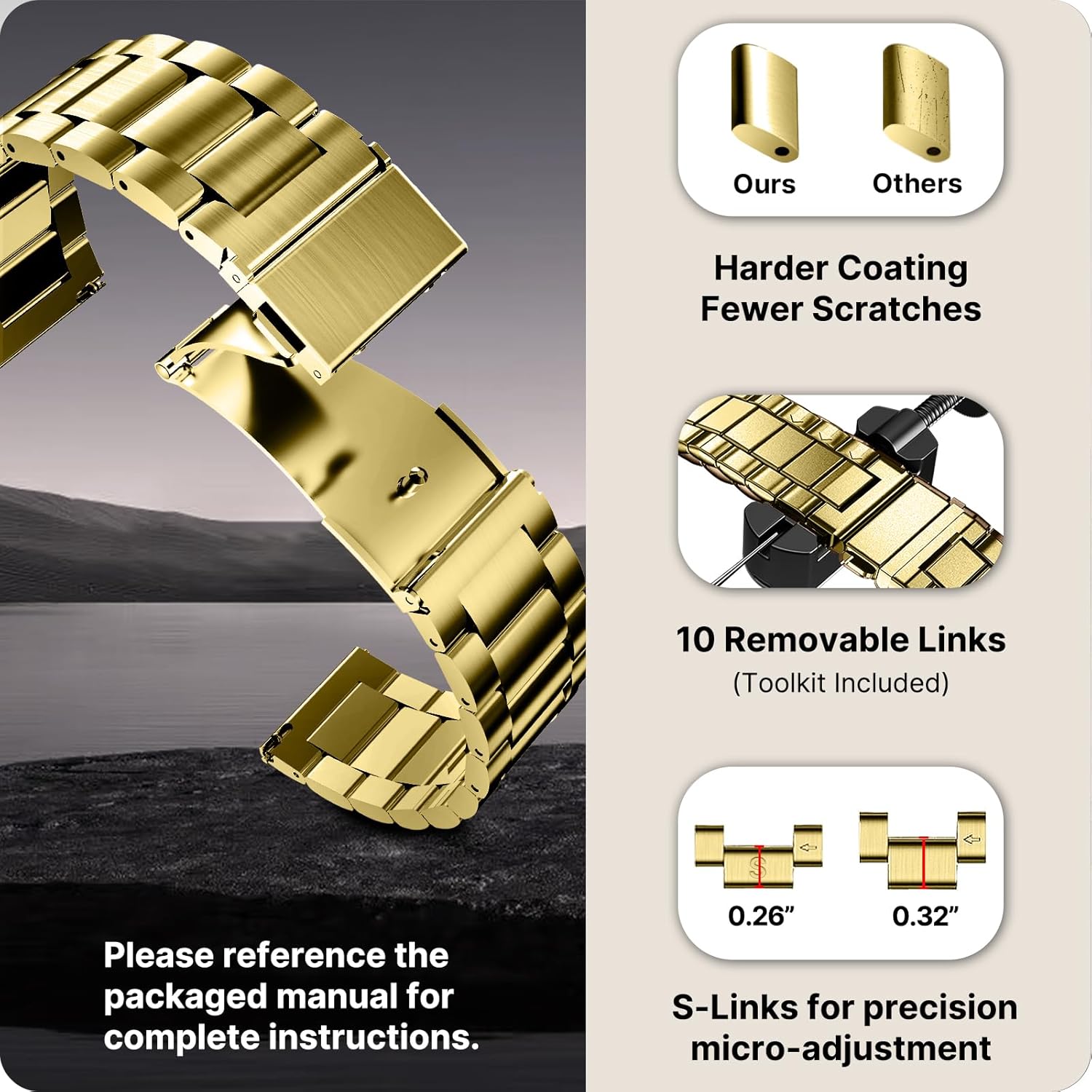 Thumbnail 3 de Fullmosa 20mm Stainless Steel Watch Band – Golden, Quick Release with Removable Links