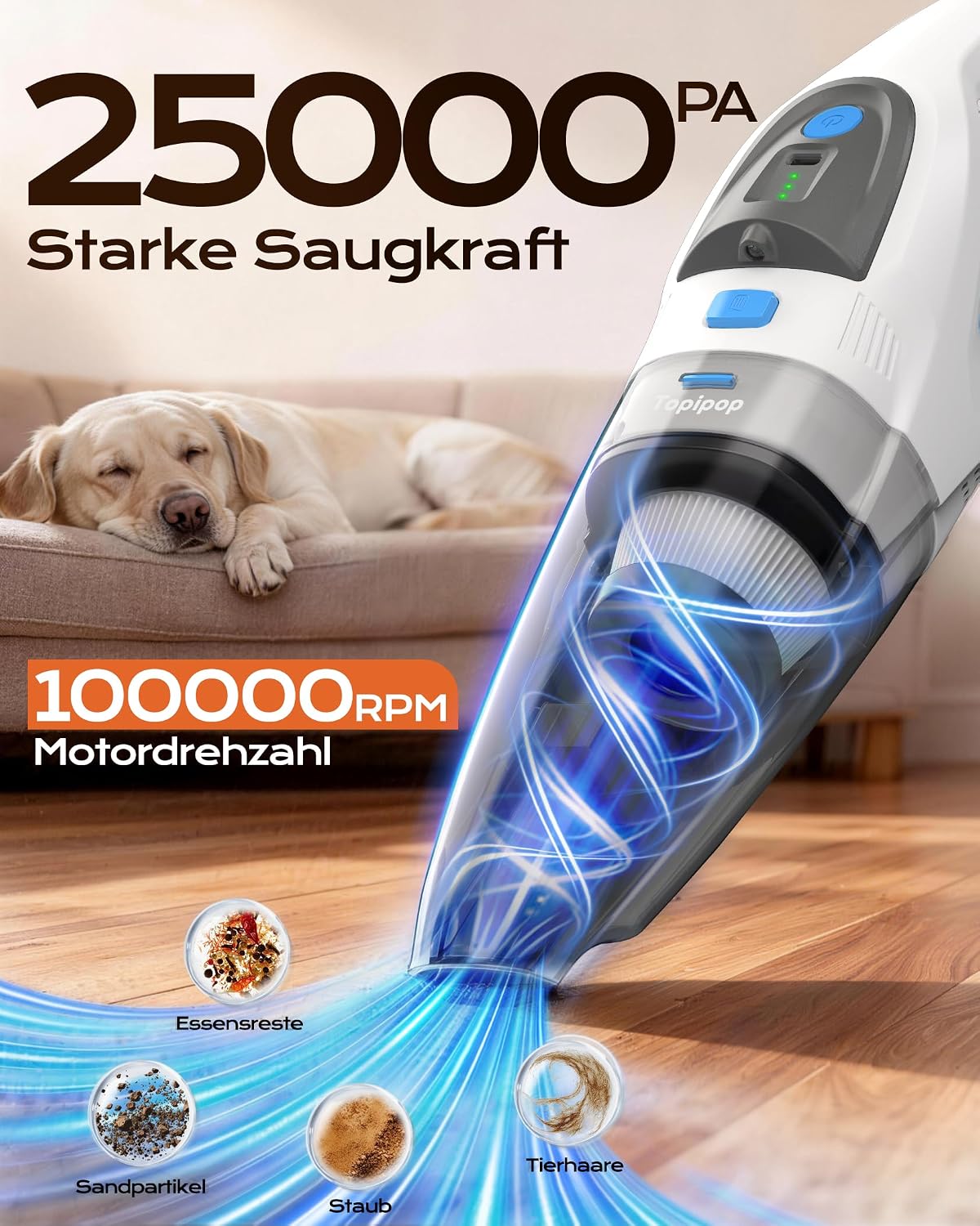 Detalle 2 de Topipop Handstaubsauger 25000Pa – Akku mit Ladestation, 600 ml, HEPA-Filter, LED-Licht, 45 Min. Laufzeit (Weiß)
