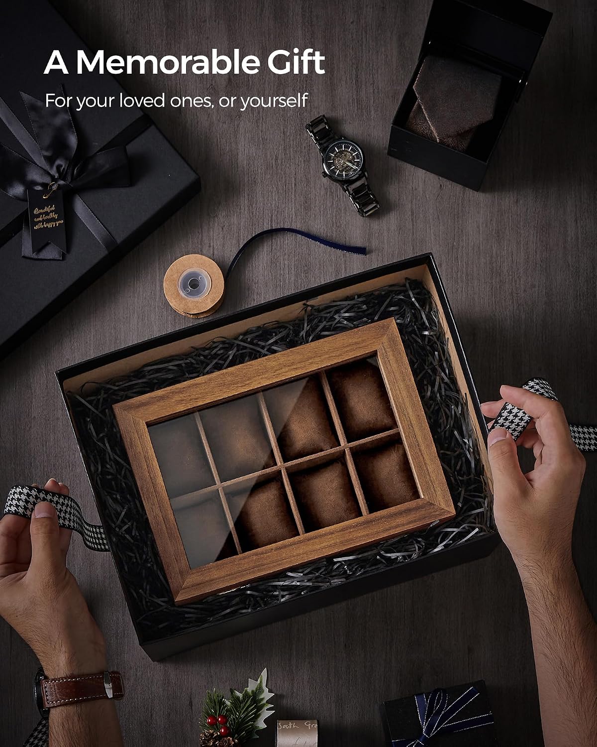 Thumbnail 6 de SONGMICS JOW008K01 Rustic Walnut 8-Slot Watch Box with 2 Tiers and Glass Lid
