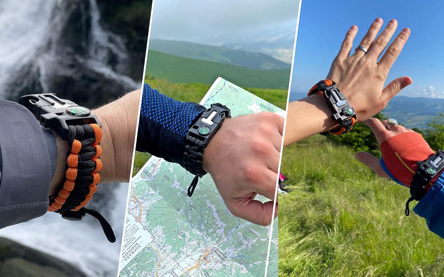 Detalle de Braccialetto Sopravvivenza in Paracord (coppia) con accendifuoco, fischietto e bussola – Kit di emergenza nero e arancione