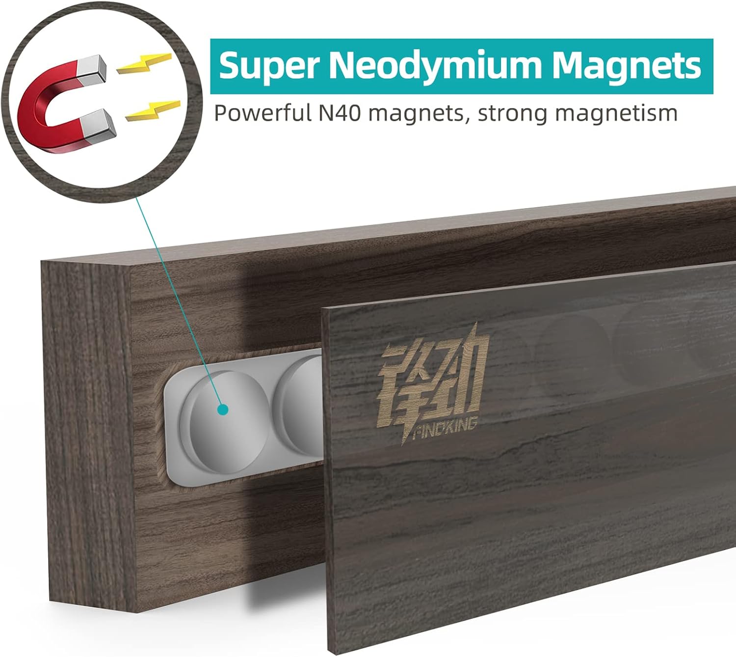 Thumbnail 2 de FINDKING Barre Magnétique en Bois de Frêne (30 cm) – Support murale pour couteaux, installation sans perçage