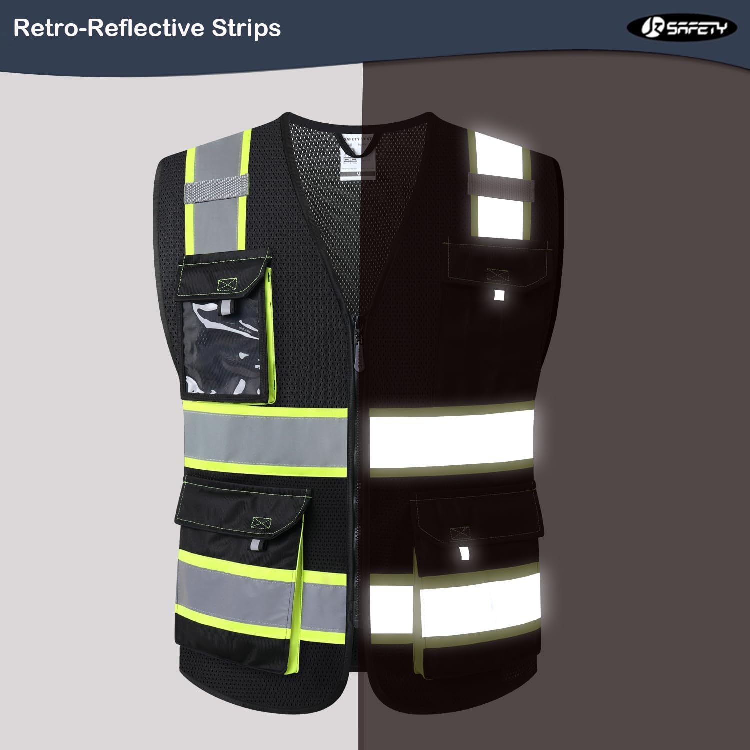 Detalle 2 de JKSafety Hi Vis Reflective Safety Vests (220-Black L) with Mesh Fabric & Pockets