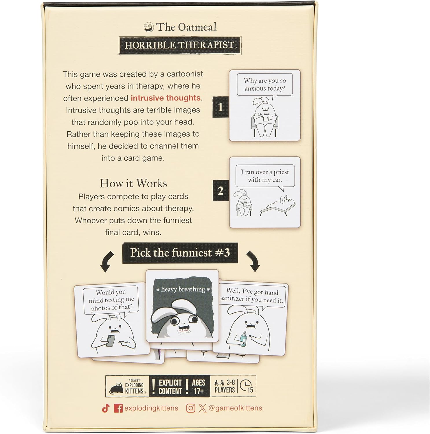 Detalle de Exploding Kittens – Horrible Therapist: Extra Horrible Edition (3–8 Spieler, 17+) – Comic- und Therapiesatire