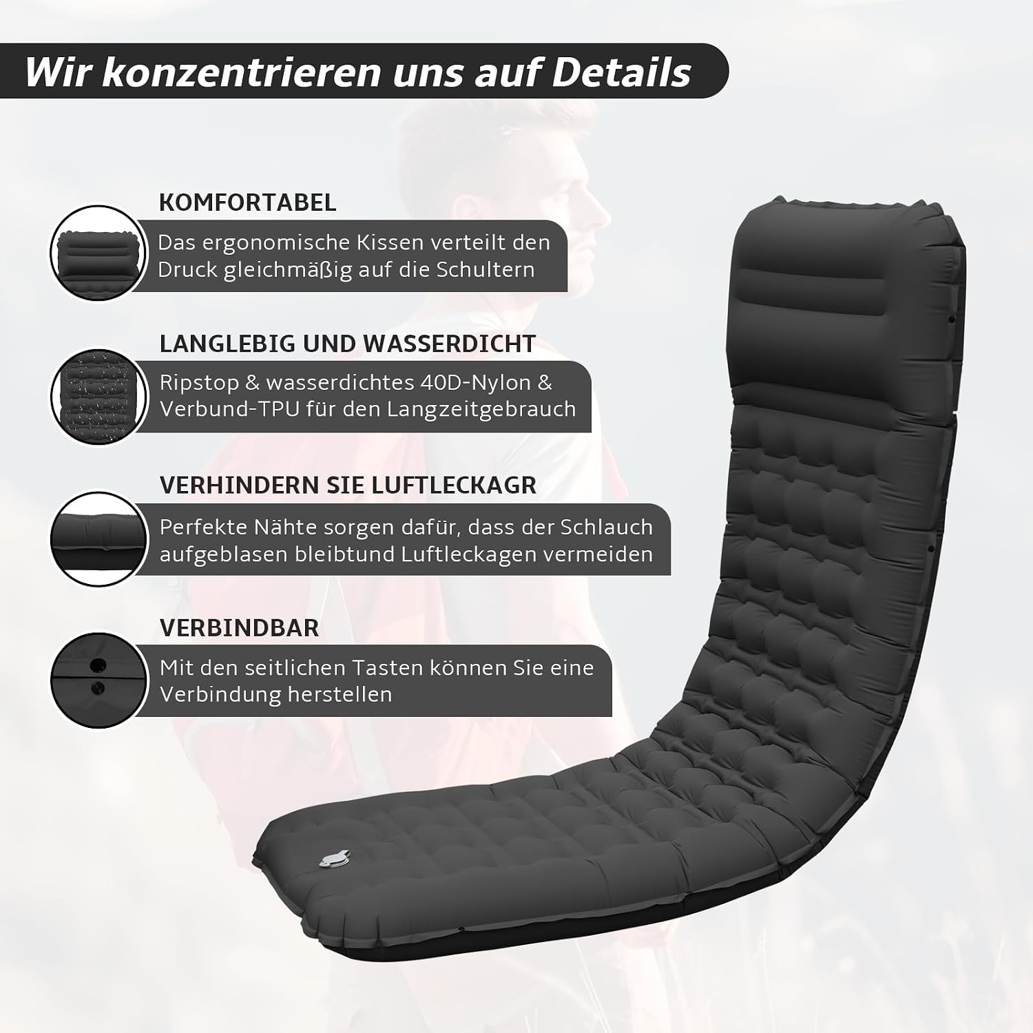 Detalle de CIXMUS Aufblasbare Isomatte Camping mit Fußpumpe und Kopfkissen, 12 cm Dicke – Ultraleicht, kompakt und koppelfähig