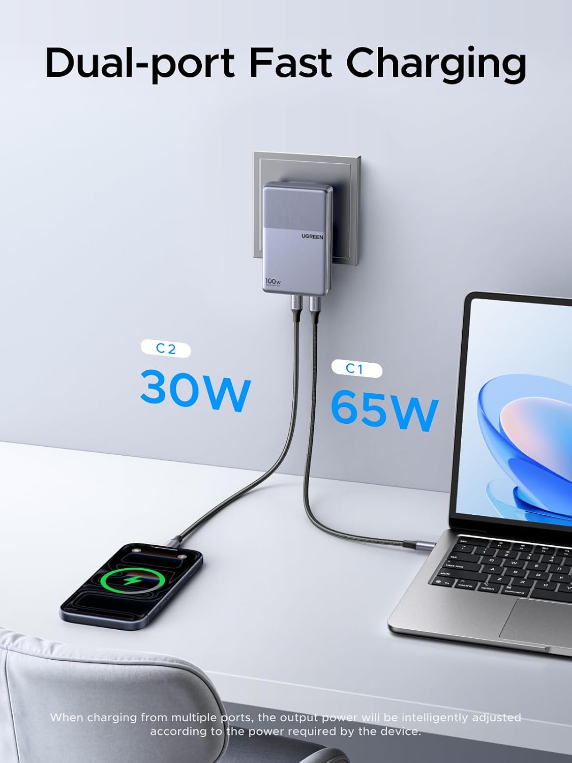 Detalle 2 de UGREEN Nexode Air 75556 100W GaN Charger, Slim Foldable 3-Port USB-C