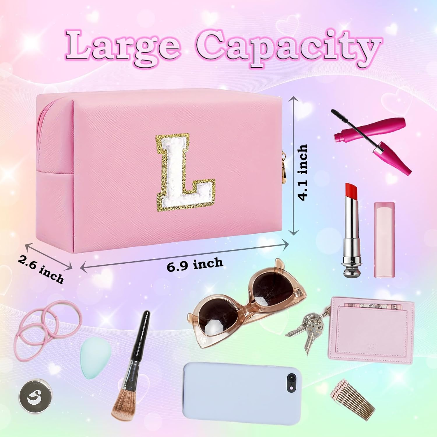 Thumbnail 3 de Anntry Small Personalised Initial Letter Makeup Bag – Pink PU Leather with Gold Chenille Patch