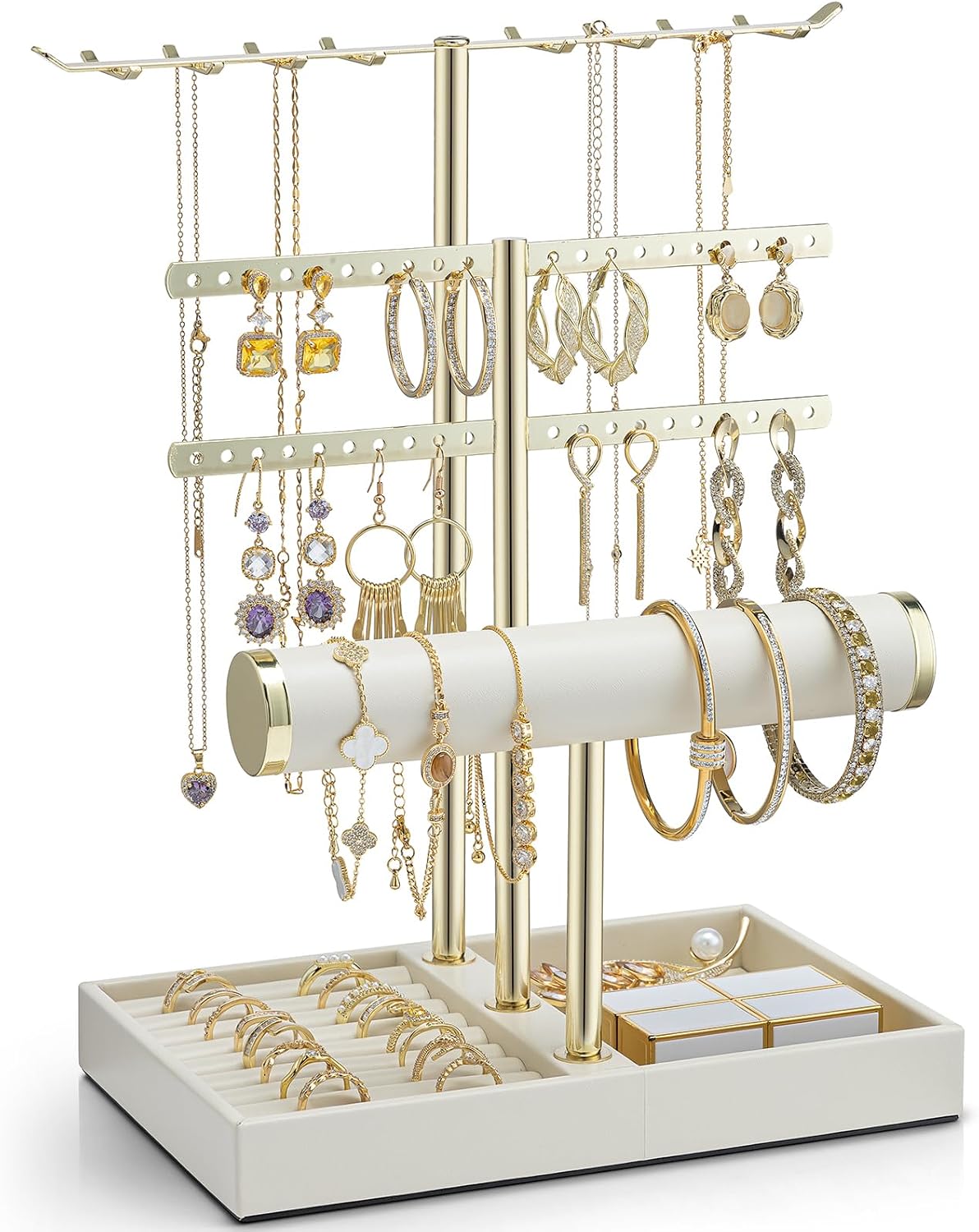 Detalle de VLANDO: Organizador de joyas de 4 niveles en cuero PU para collares, anillos y pendientes