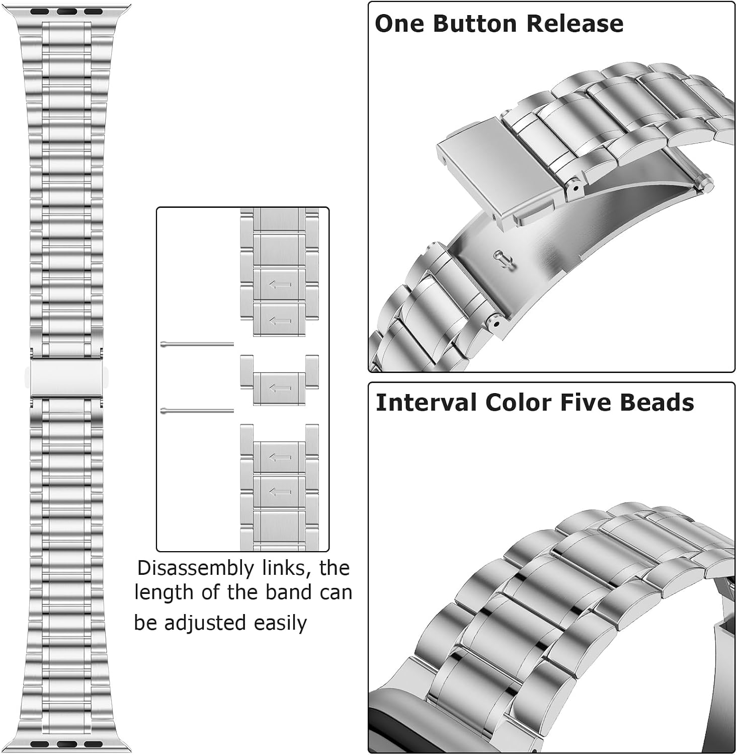 Thumbnail 5 de Anlinser five-link stainless steel Apple Watch metal strap (49mm–42mm) in Silver