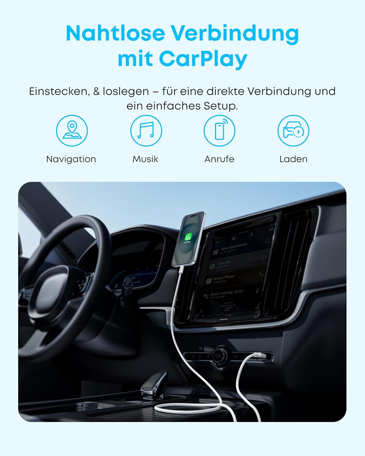 Thumbnail 1 de Anker Zolo USB-C Kabel 1,8 m – 3,1 A, geflochten, CarPlay-Unterstützung
