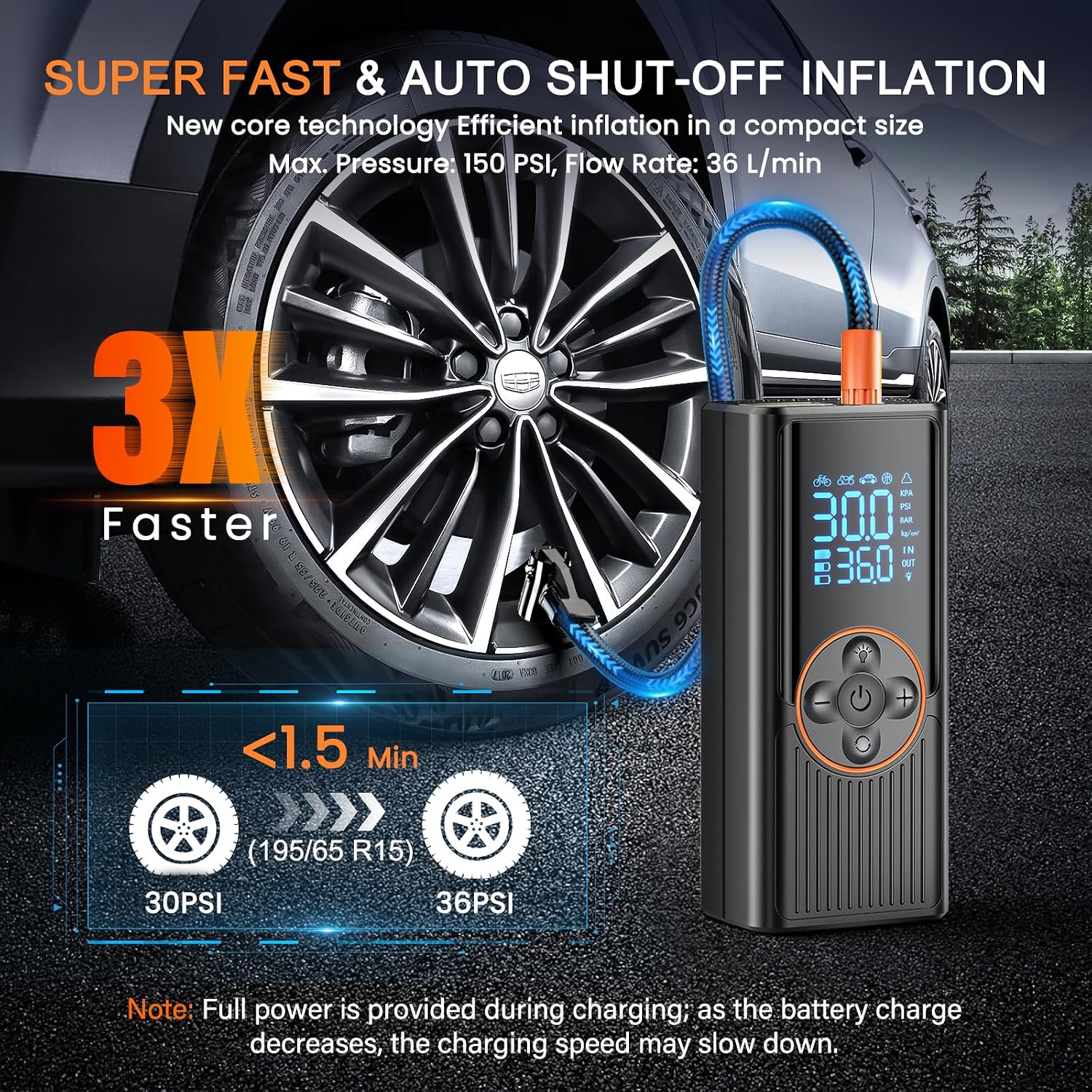 Thumbnail 1 de Tyre Inflator Air Compressor 8000mAh — 150 PSI Rechargeable Car Tyre Pump with Digital Display, LED Light and 4 Nozzles
