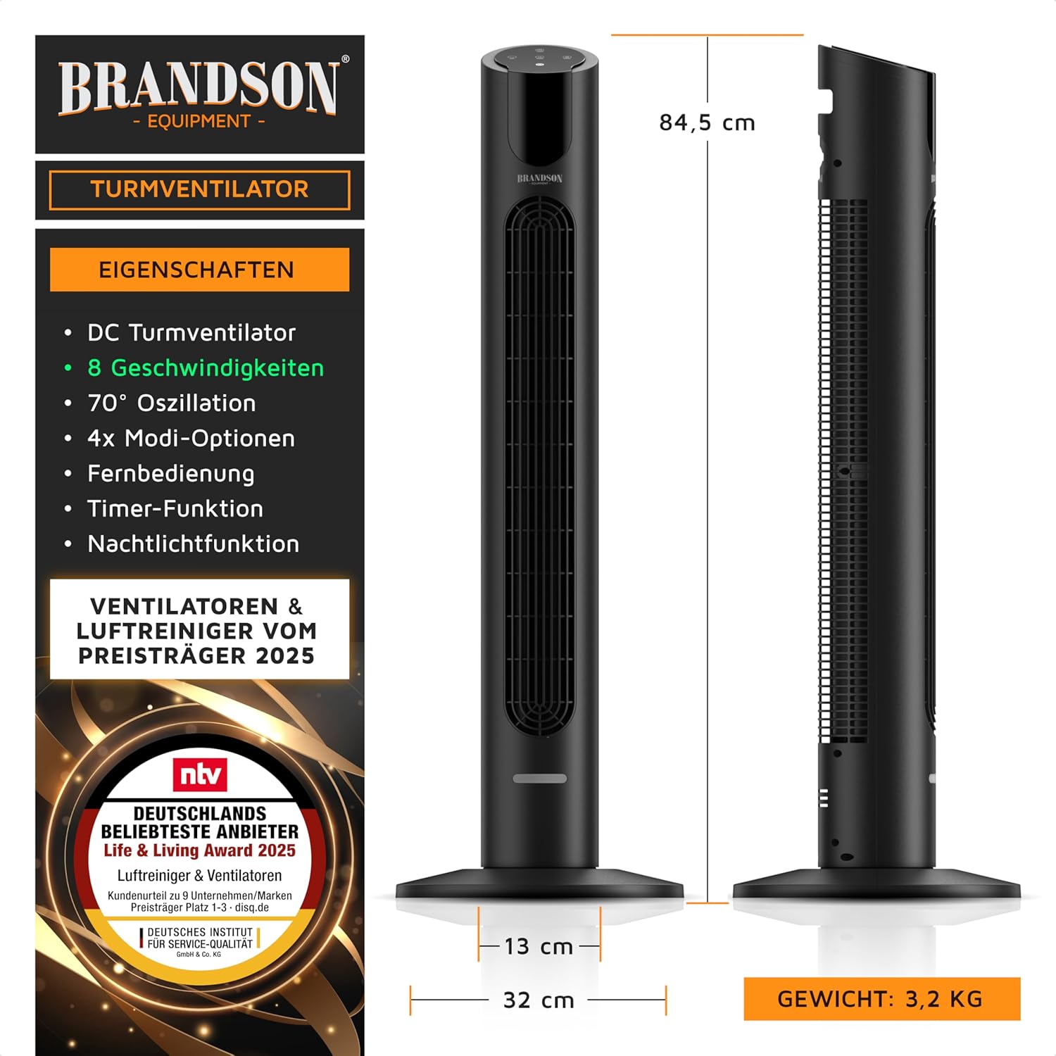 Detalle de Brandson DC-Turmventilator ECO DC – leise, energiesparend und vielseitig