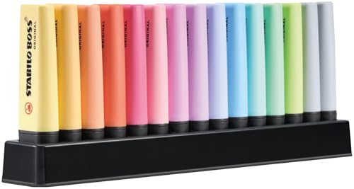 STABILO BOSS ORIGINAL Pastel – Set de mesa con 15 colores pastel (versión 15–14 colores) para escritura y trazos vivos