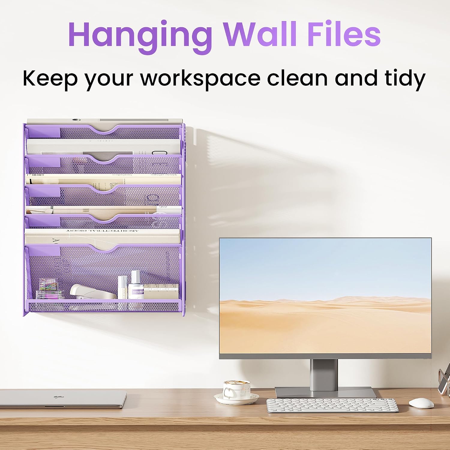 Detalle de SUBEKYU 6-Tier A4 Wall-Mounted File Organiser, Purple Metal Mesh