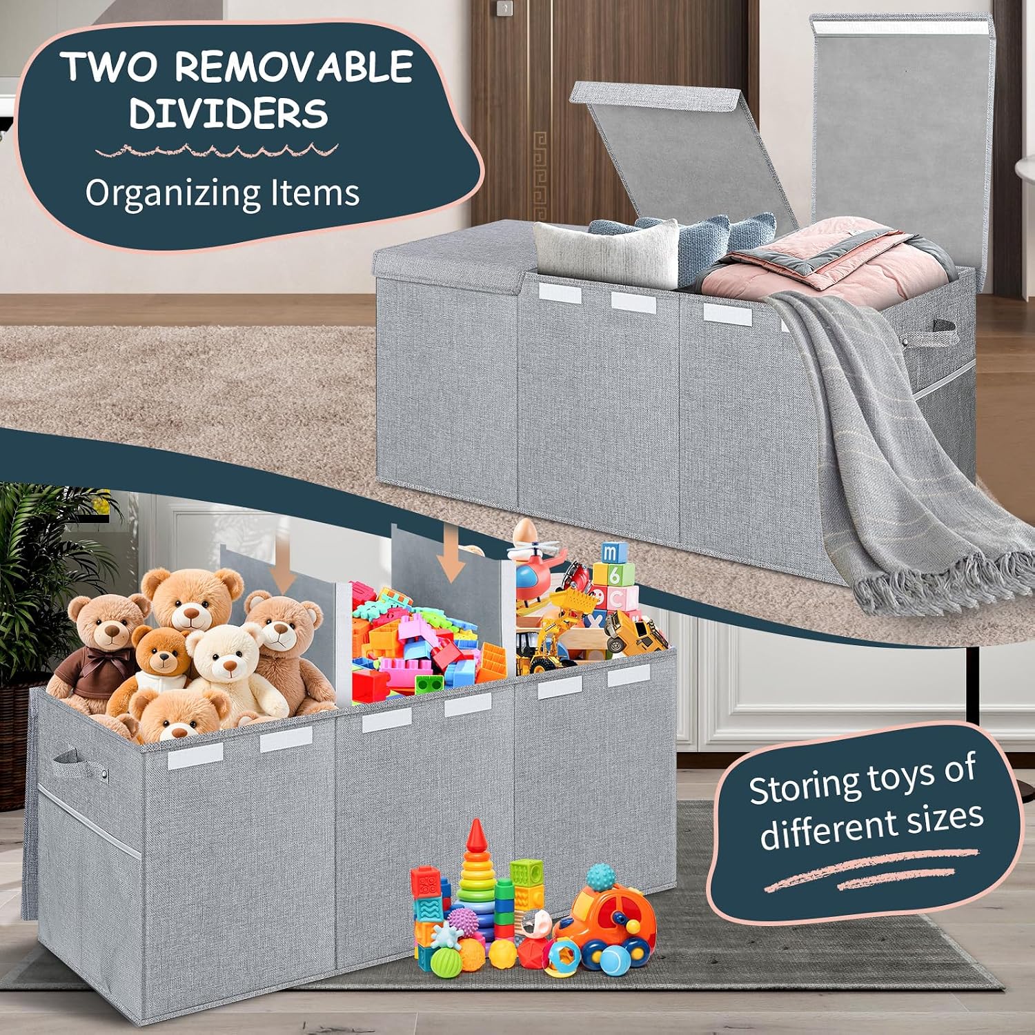 Thumbnail 2 de Rocamdo 663942 Toy Box, 38-Inch Collapsible Linen Bin with 3 Lids