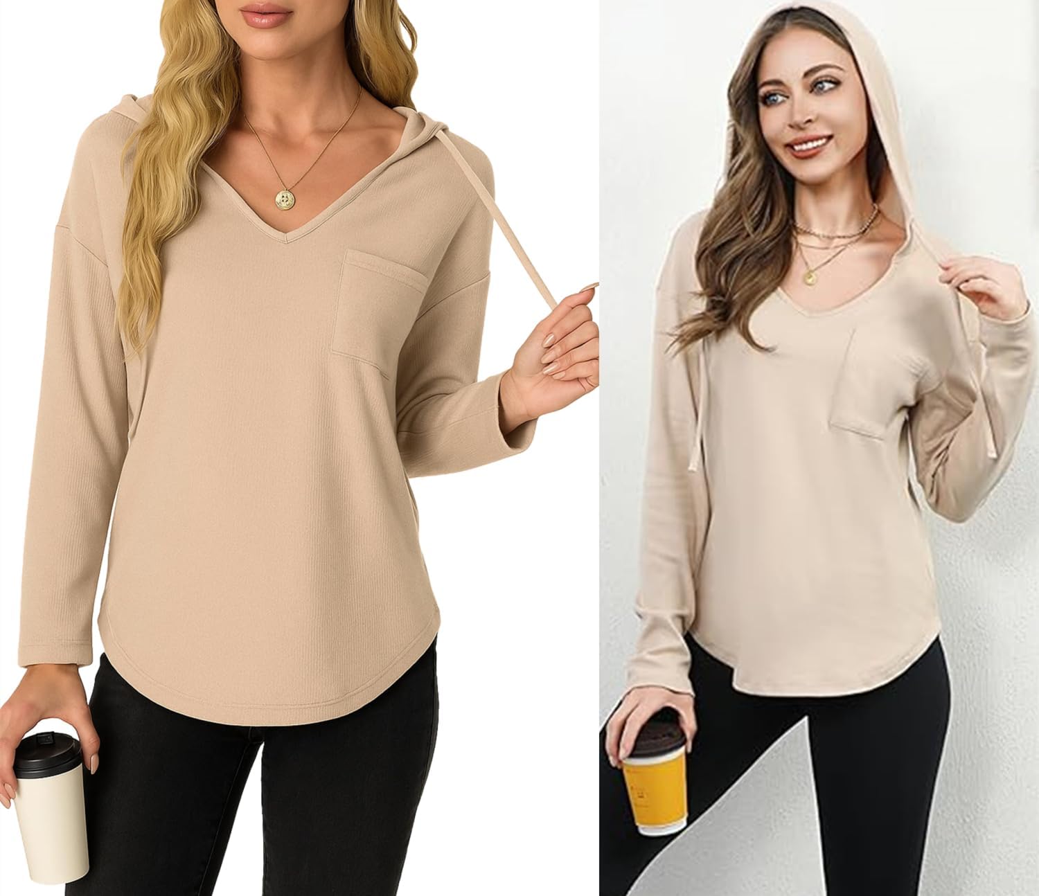 Detalle de Enjyam Damen Kapuzenpullover V-Ausschnitt Hoodie – Oversized Übergangsovershirt
