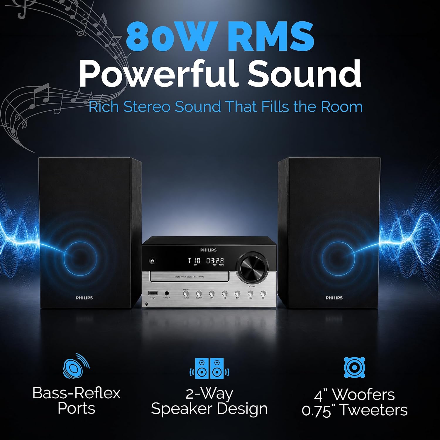 Detalle de PHILIPS Bluetooth Stereo System Home CD Player with USB, FM Radio, Bass Reflex Speakers (60W) + Remote