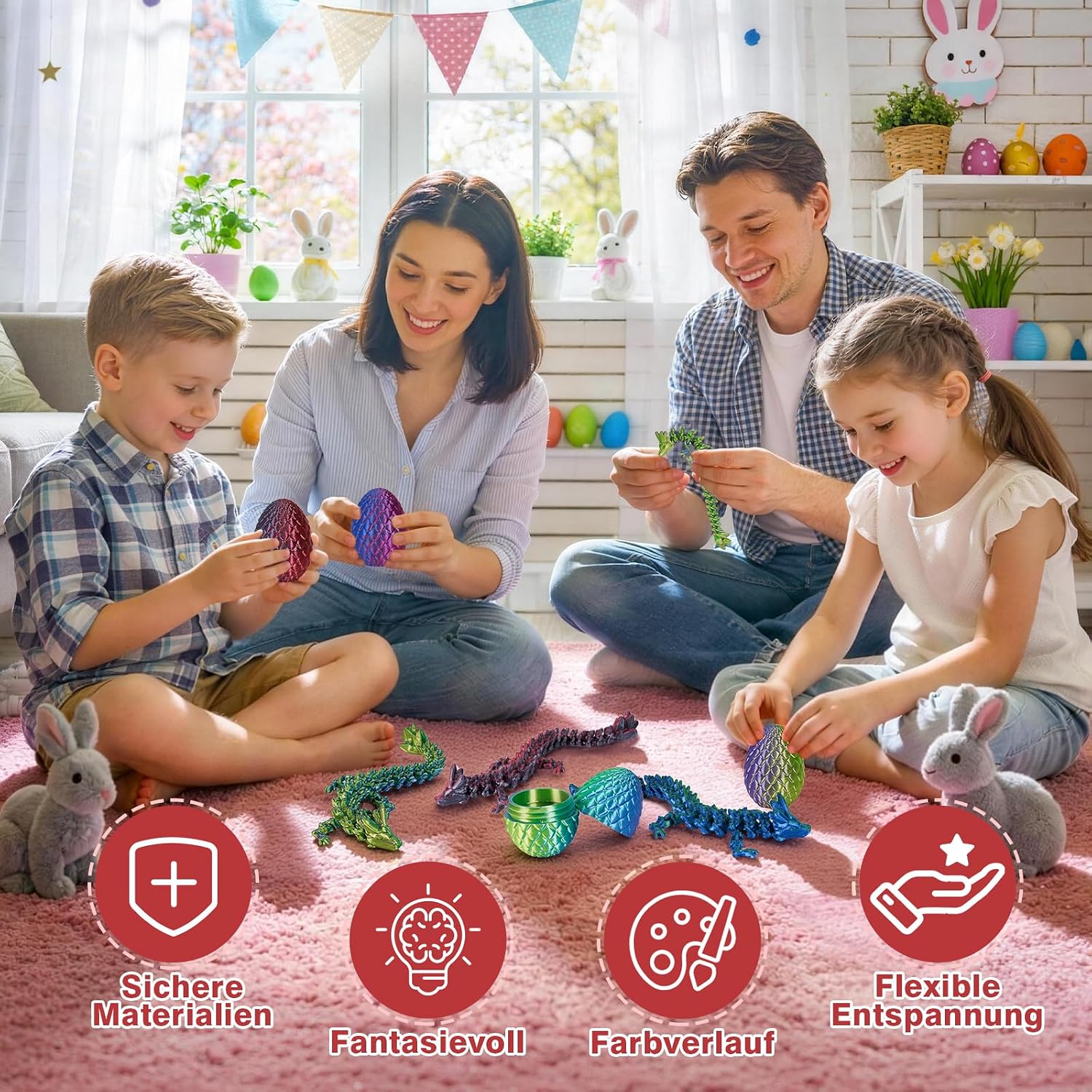 Detalle de zhancydeal 4er Set 3D Drachenei mit Drache – bewegliche 13 cm Drachenfiguren aus PLA (7 cm Eierschale) für Kinder ab 5–9 Jahren