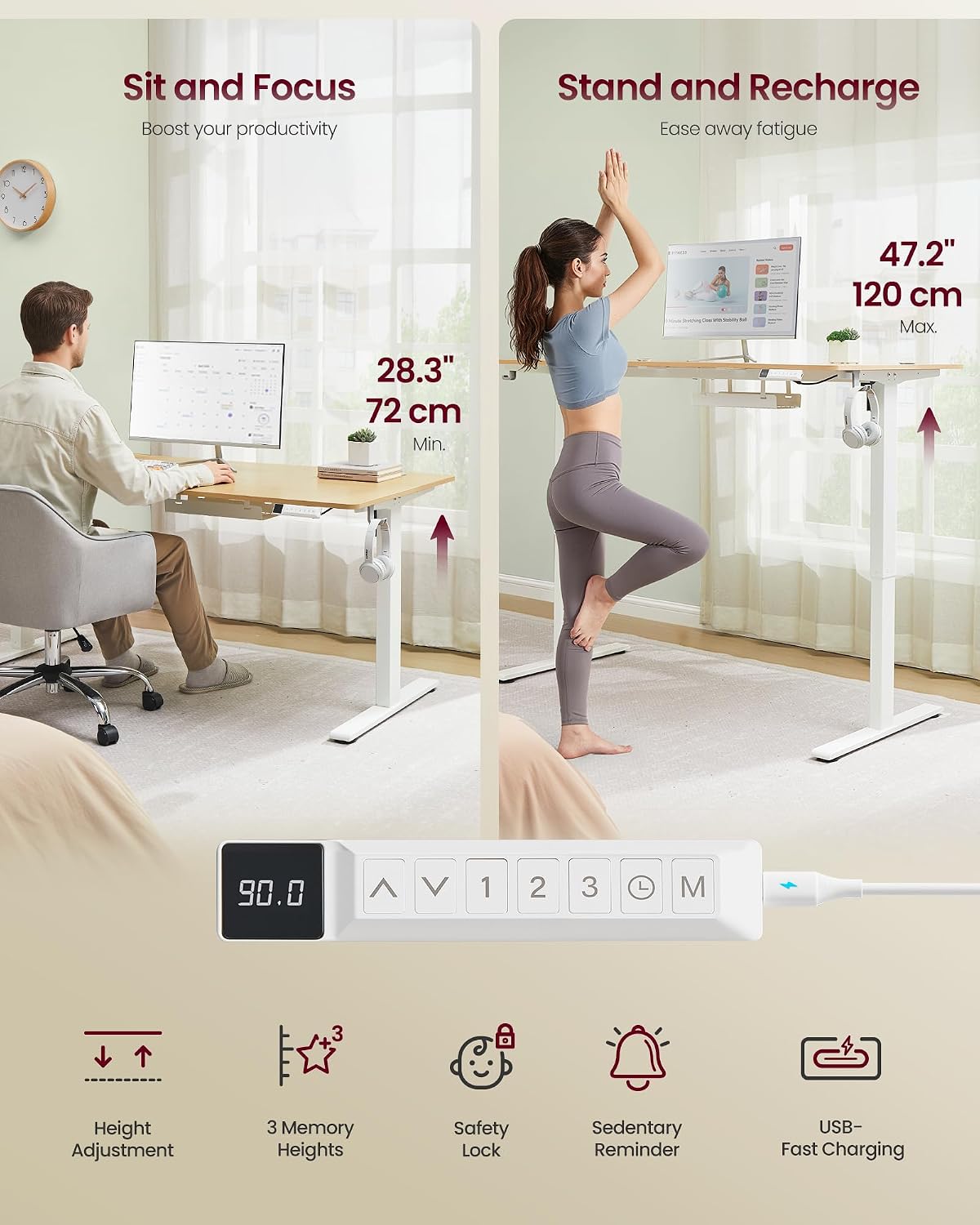 Thumbnail 5 de VASAGLE Electric Standing Desk LSD144YA03: 140 x 80 cm, USB-C, Cable Tray, Golden Oak