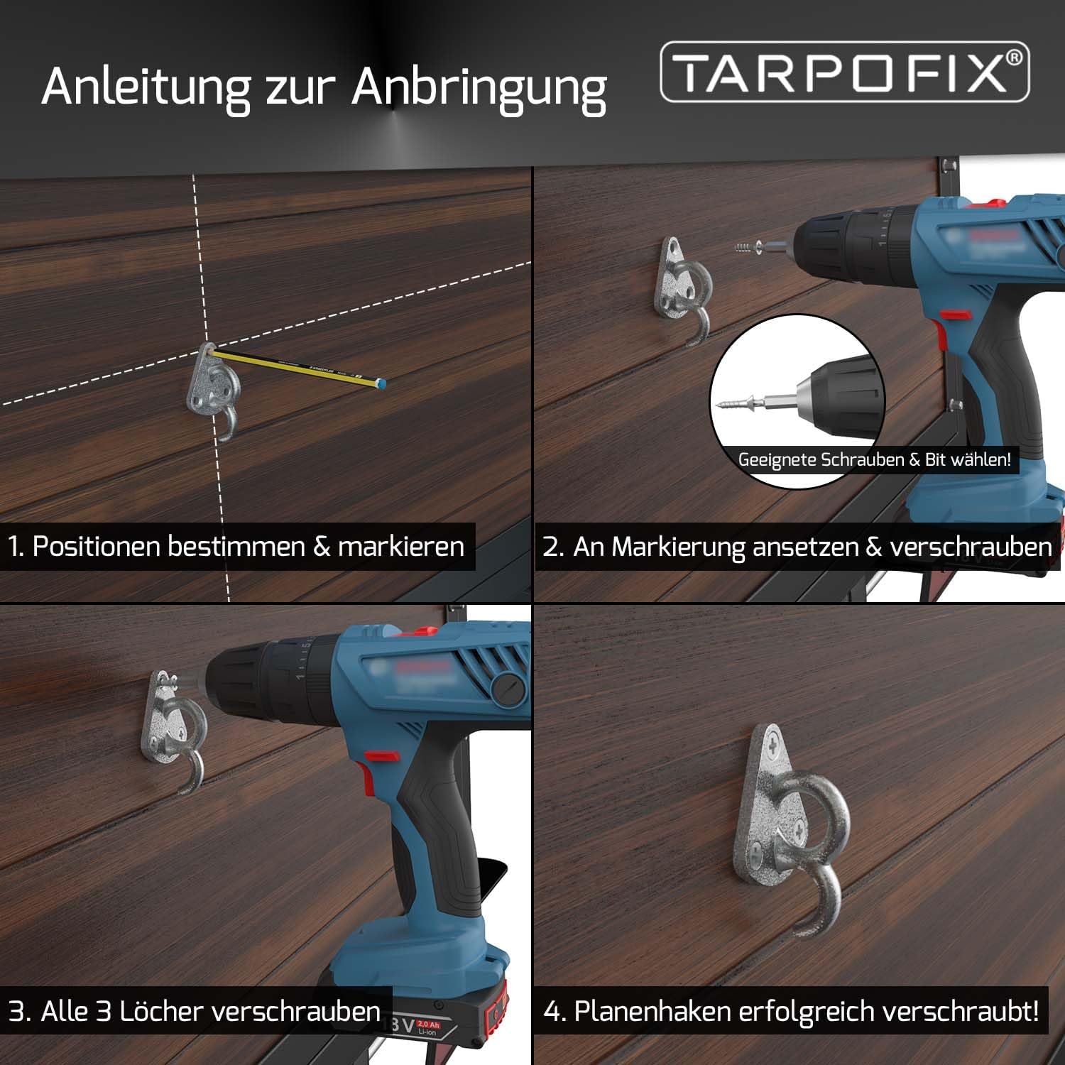 Thumbnail 5 de Tarpofix® Dreiloch Planenhaken & Netzhaken Set für Anhängerplane, verzinkt (10 Stk) inkl. Schrauben