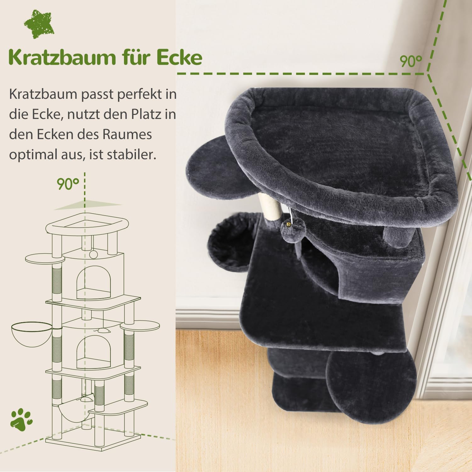 Detalle de Globlazer Kratzbaum für Katzen als Eckkratzbaum (167 cm) mit 2 Katzenhäusern, Hängematte & gepolsterter Plattform, Dunkelgrau