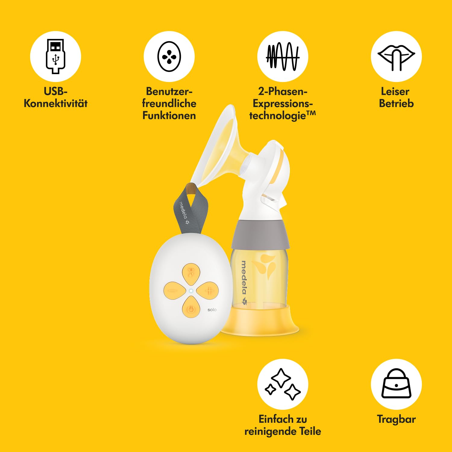 Detalle de Medela Solo Elektrische Einseitige Milchpumpe – leiser Betrieb, USB-Aufladung & PersonalFit Flex