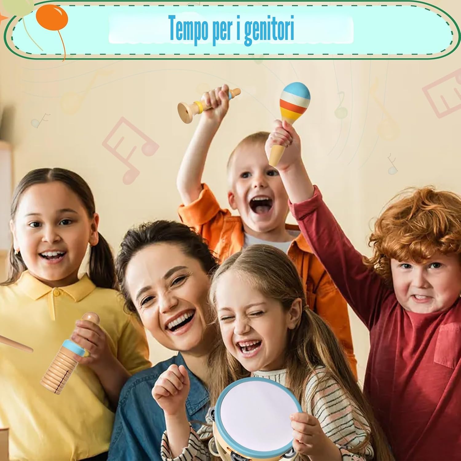 Detalle de Set strumenti musicali in legno Montessori 6 in 1 per bambini (1 anno) con maracas, xilofono e tamburi