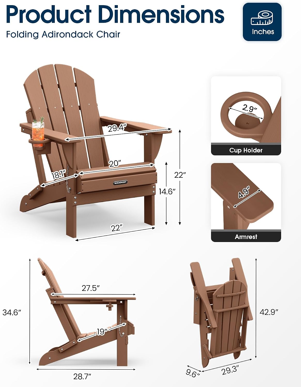 Detalle de MUCHENGHY Folding Adirondack Chair with Cup Holder (HDPE, Teak color)