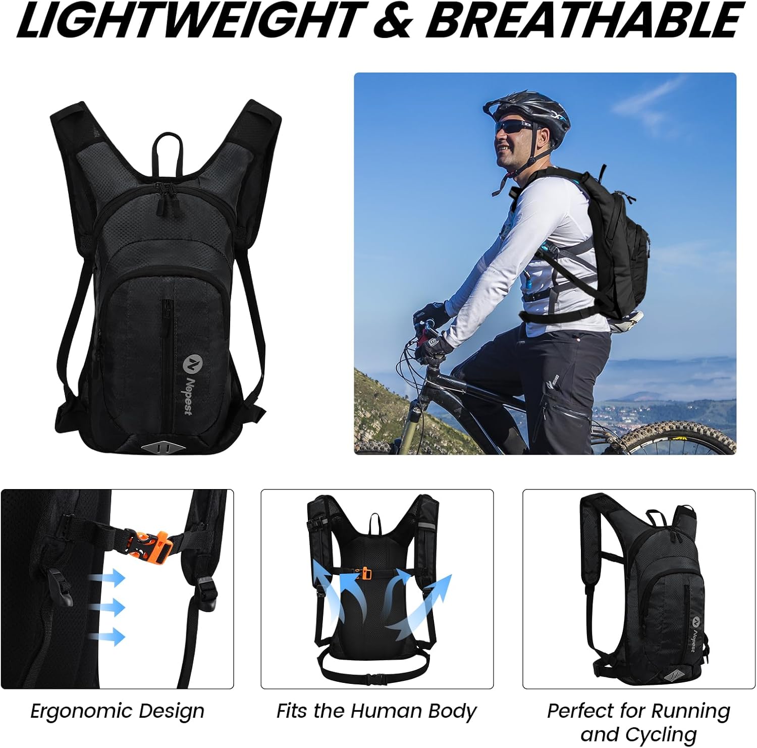 Thumbnail 6 de Nepest Hydration Pack Backpack with 2L Water Bladder — Lightweight Nylon Hydration Vest for Hiking, Running and Cycling