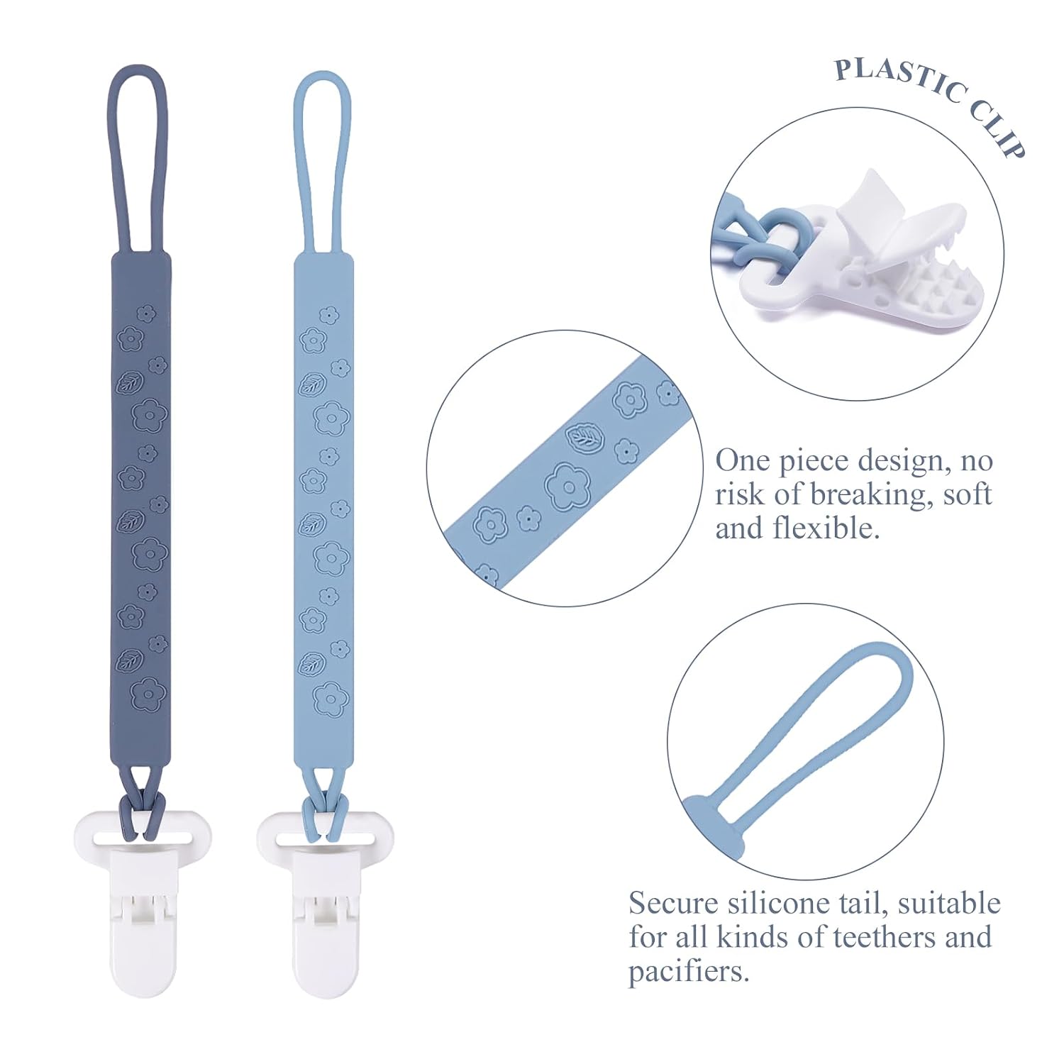 Thumbnail 1 de AmazingM One-Piece Silicone Pacifier Clips, 4-Pack, Flowers & Leaves in Gray