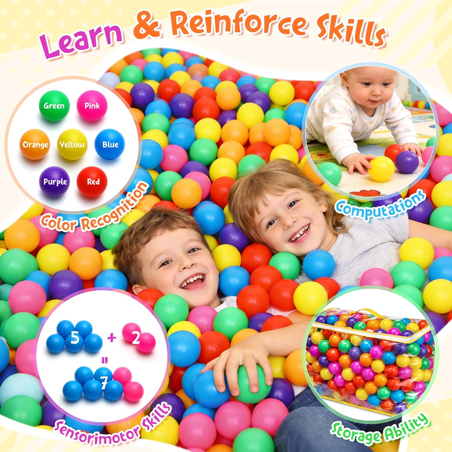 Detalle 1 de Hovenlay Plastic Crush-Resistant Balls for Kids 7 Bright Colors Toy Storage