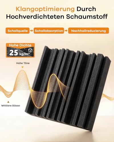 Detalle de HERTBER 24 Stück Akustikschaumstoff Selbstklebend – 30 × 30 × 5 cm, Schwarz